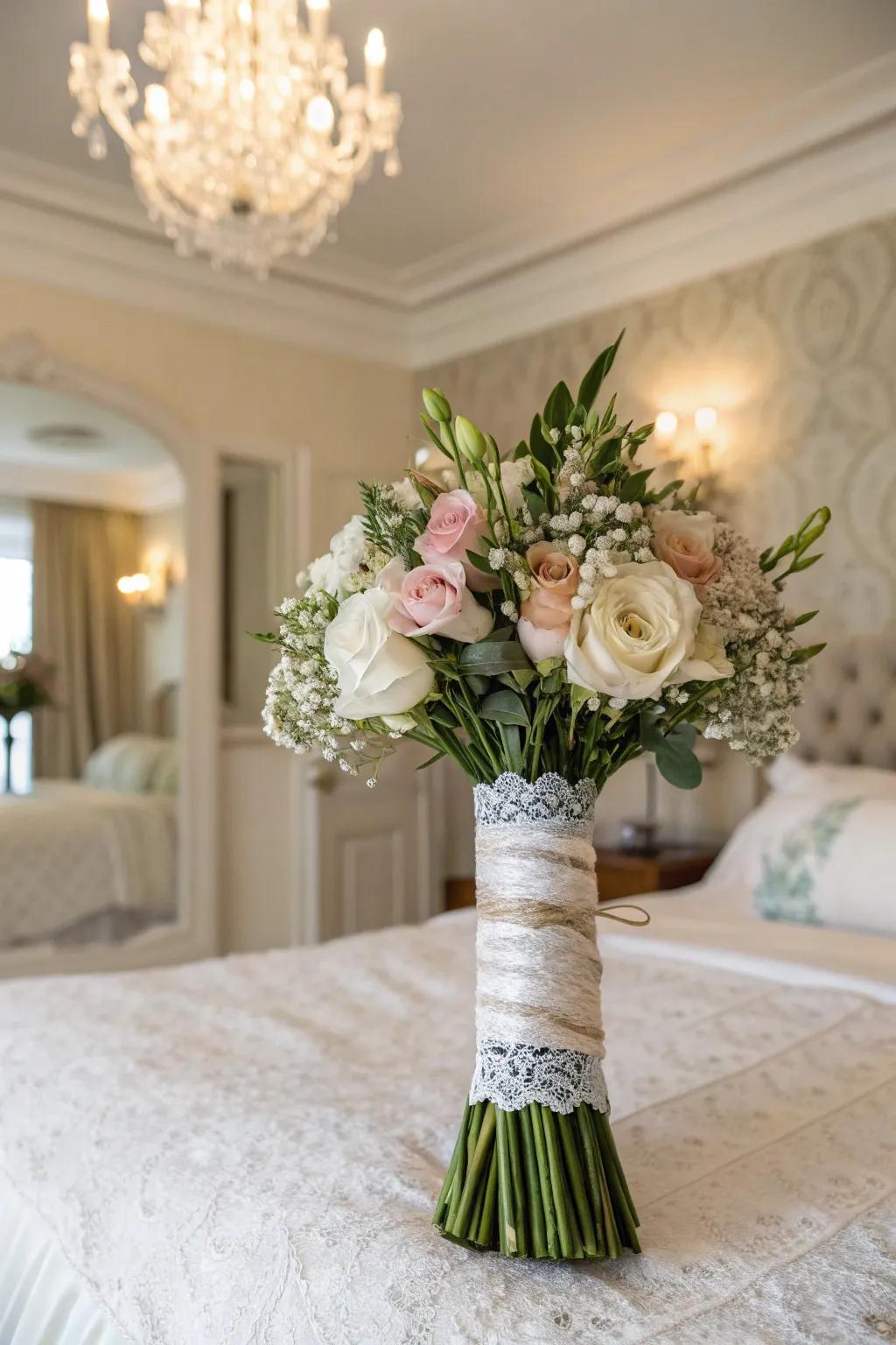 A bridal bouquet clad in period guipure for an impression of classic refinement.