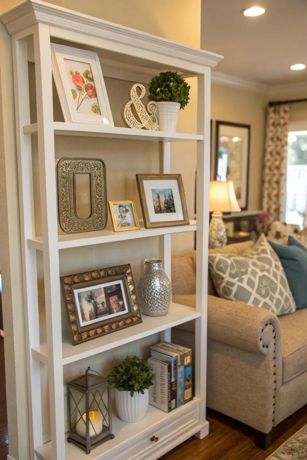 Elegant shelving exhibit featuring encased photos and decorative elements.