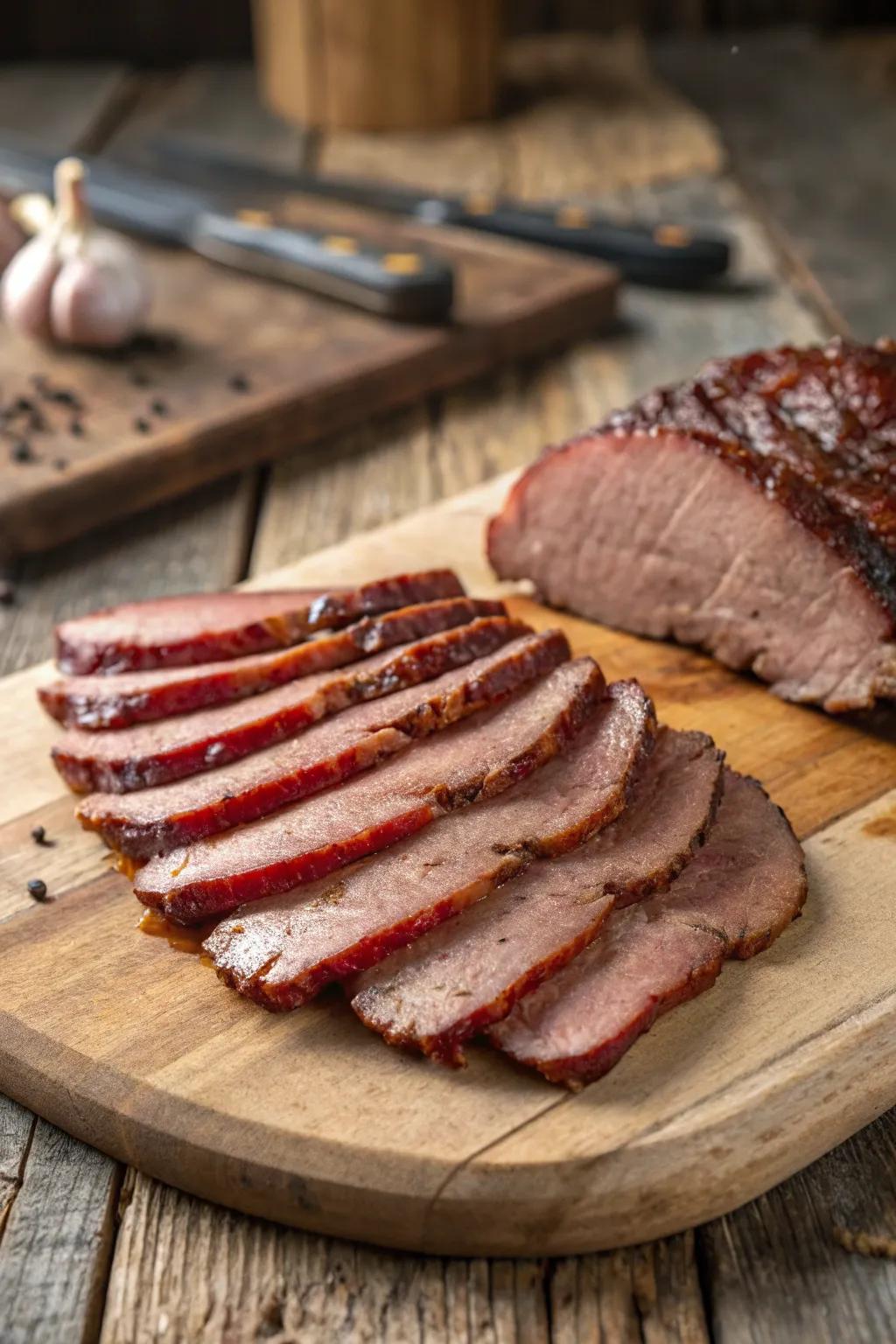 Finely sliced roasted meat elegantly showcased in a fan pattern.