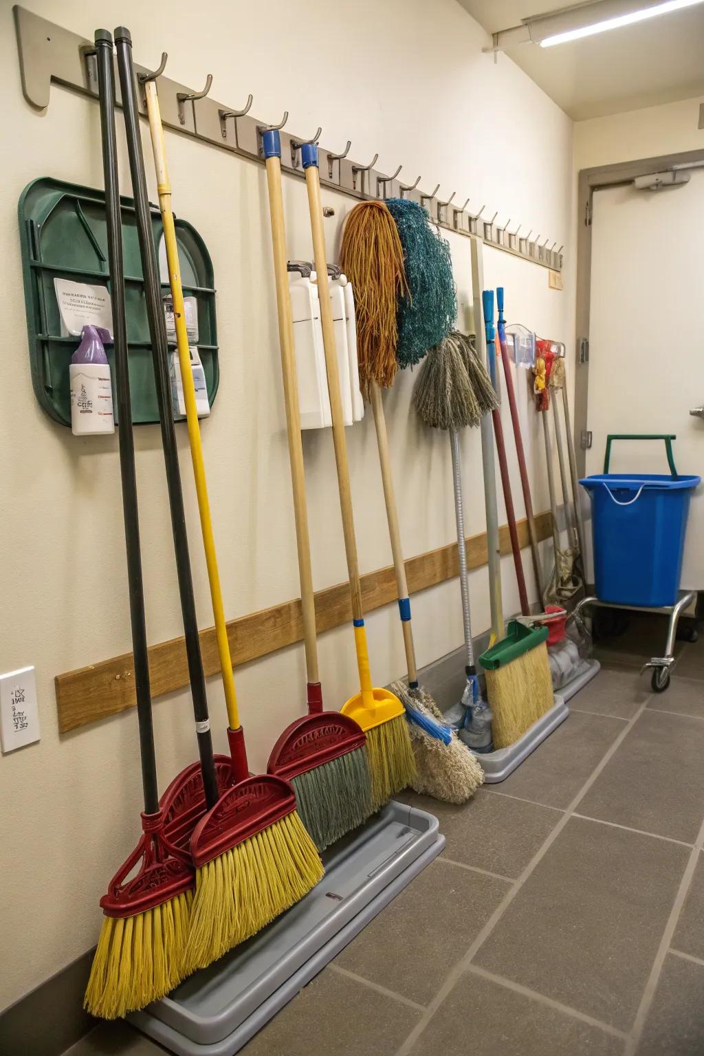 Effective wall-mounted storage designed for brooms and mops.