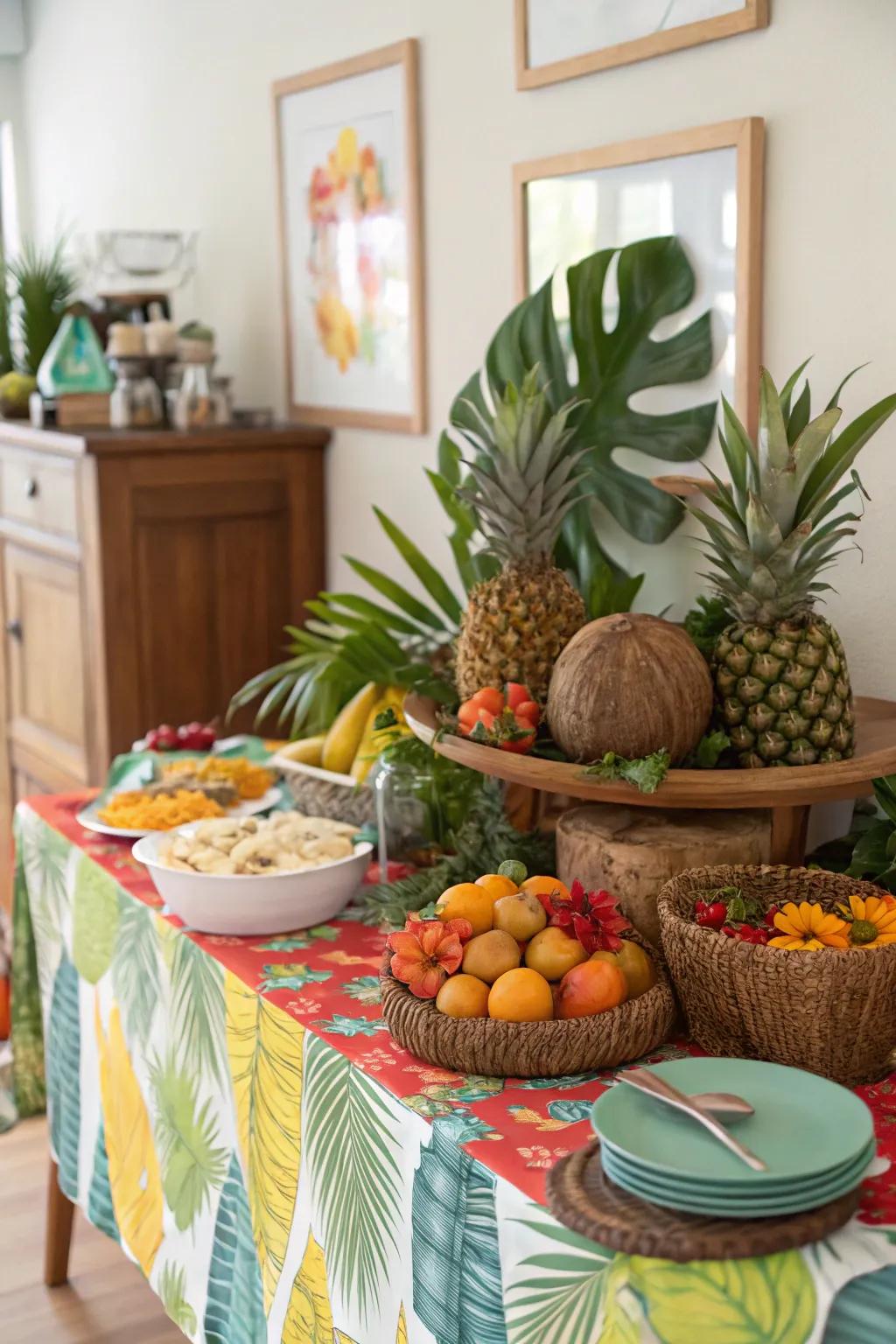 A tropical themed buffet brings a burst of vibrancy and enjoyment to any social gathering.