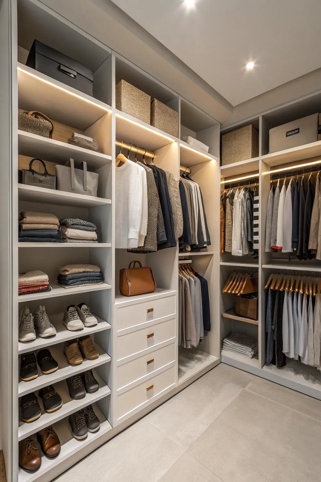 Towering shelving solutions efficiently maximize vertical space within this bespoke closet.