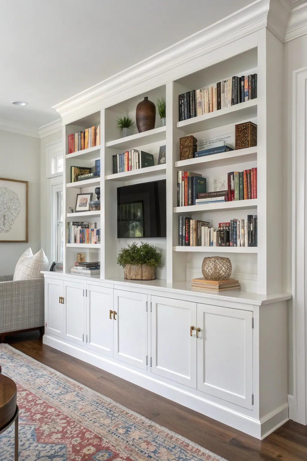 Ivory built-in shelves produce a minimalist and spacious ambiance.