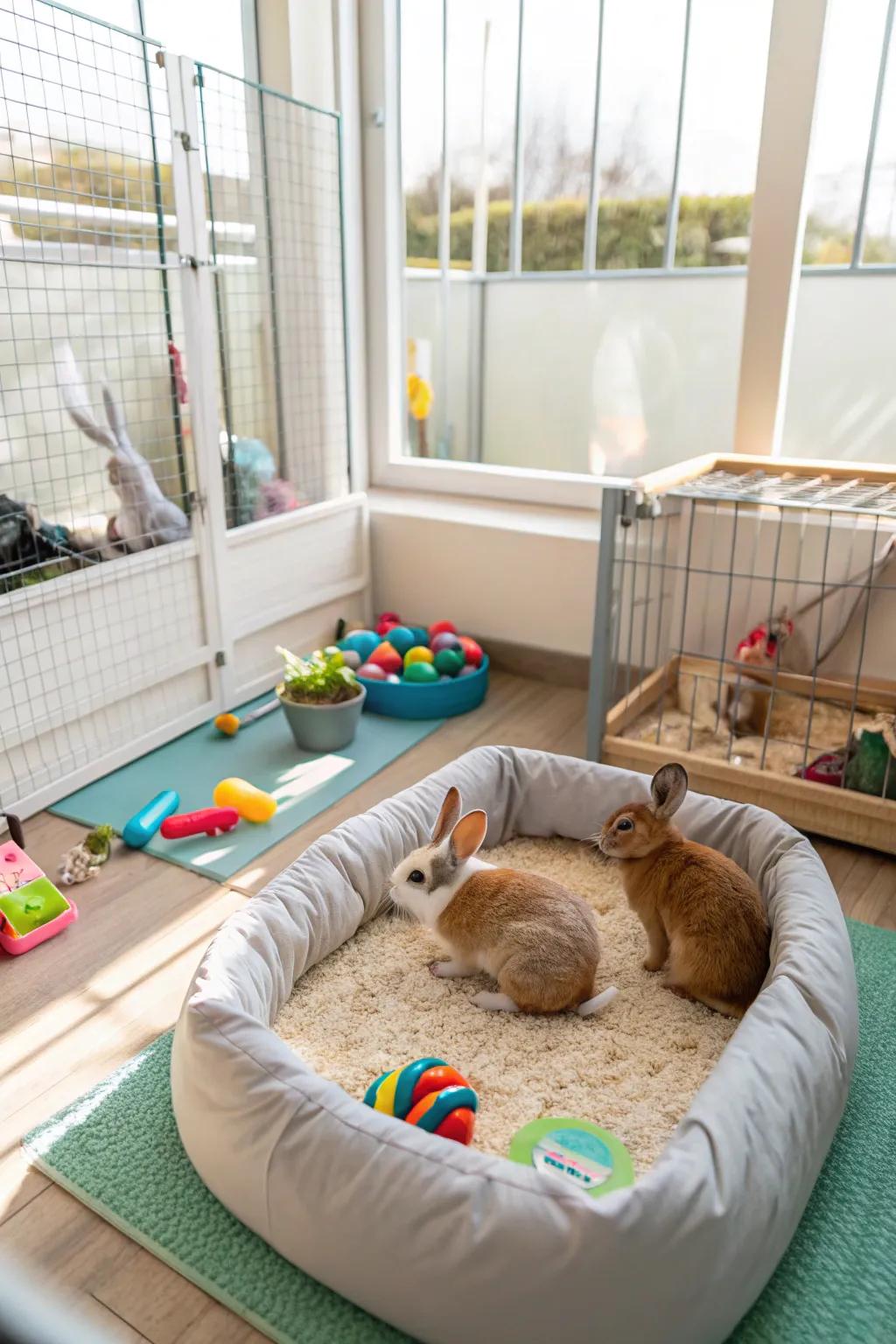 A roomy indoor rabbit habitat that provides ample area for movement.