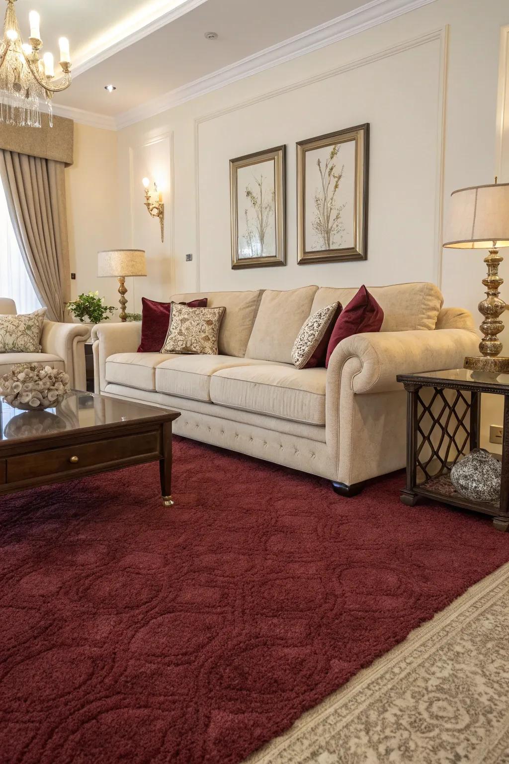 A scarlet floor covering elegantly paired with beige furnishings creates a tranquil setting.