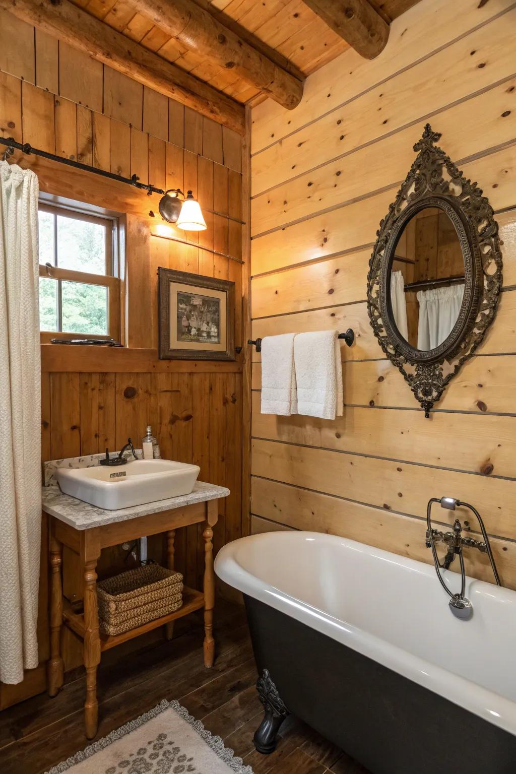 A log cabin washroom embellished with timber covering and countryside design.