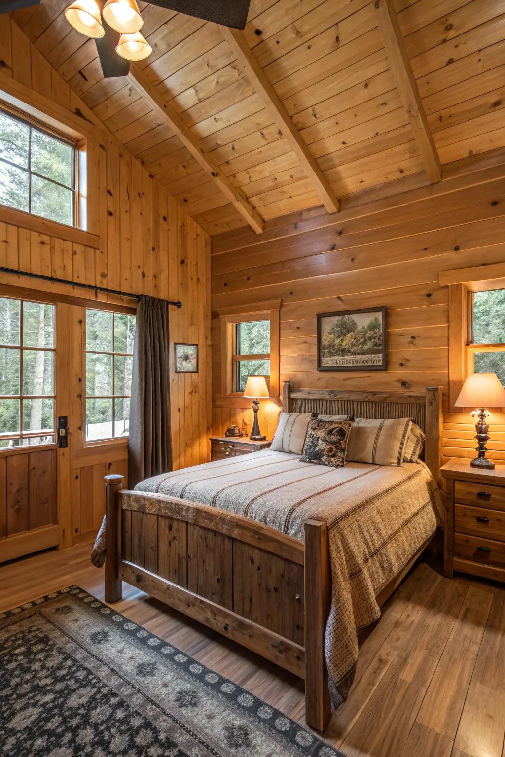 A cabin bedroom showcasing timber walls and furnishings with gentle illumination.