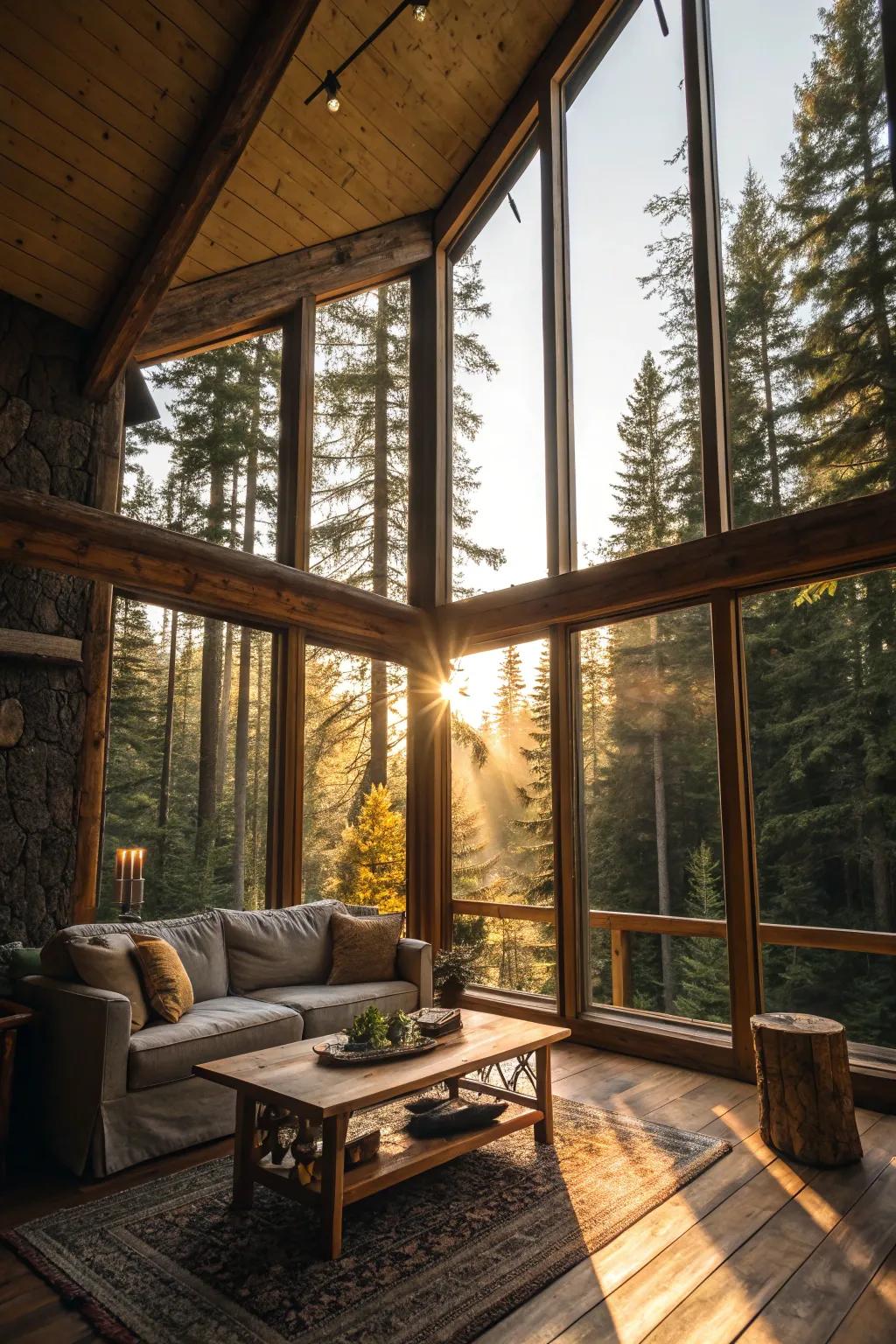 The interior of a cabin is illuminated by large windows, revealing the beauty of nature.