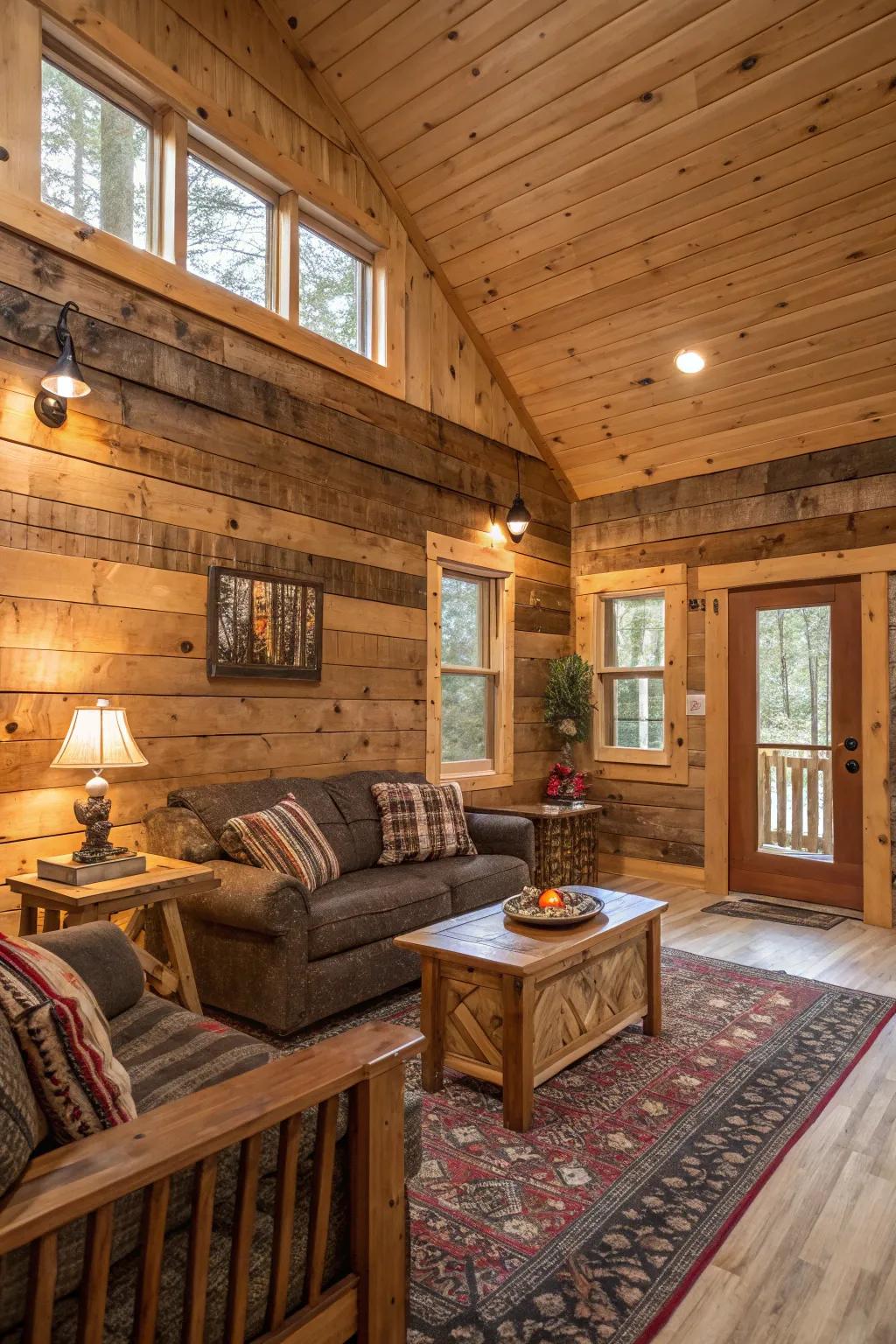 Countryside-chic reclaimed timber boards create a warm cabin feel.