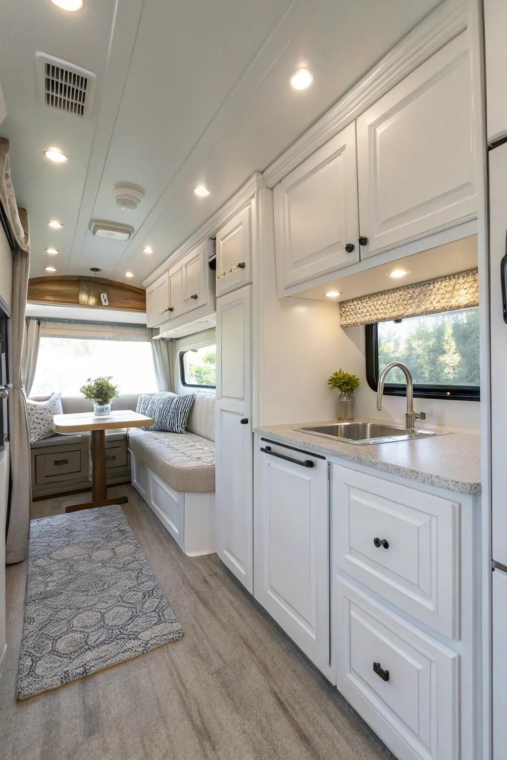 Using white cabinets helps create a more spacious and inviting RV interior.