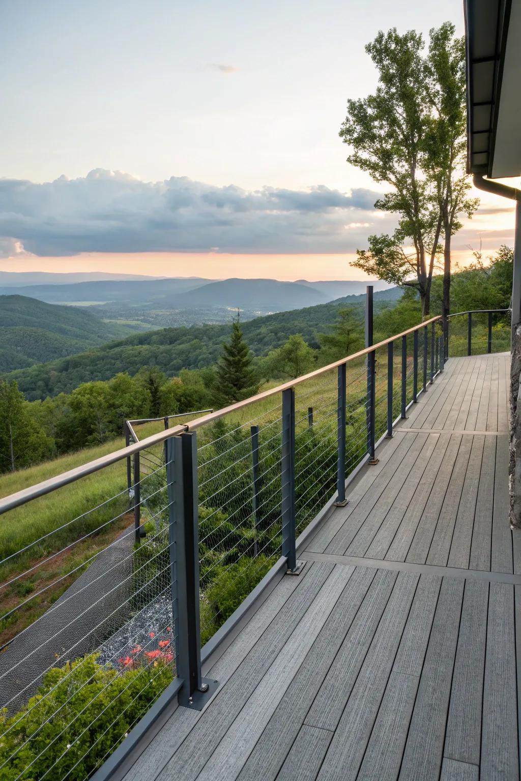 Cable railing deck with panoramic views