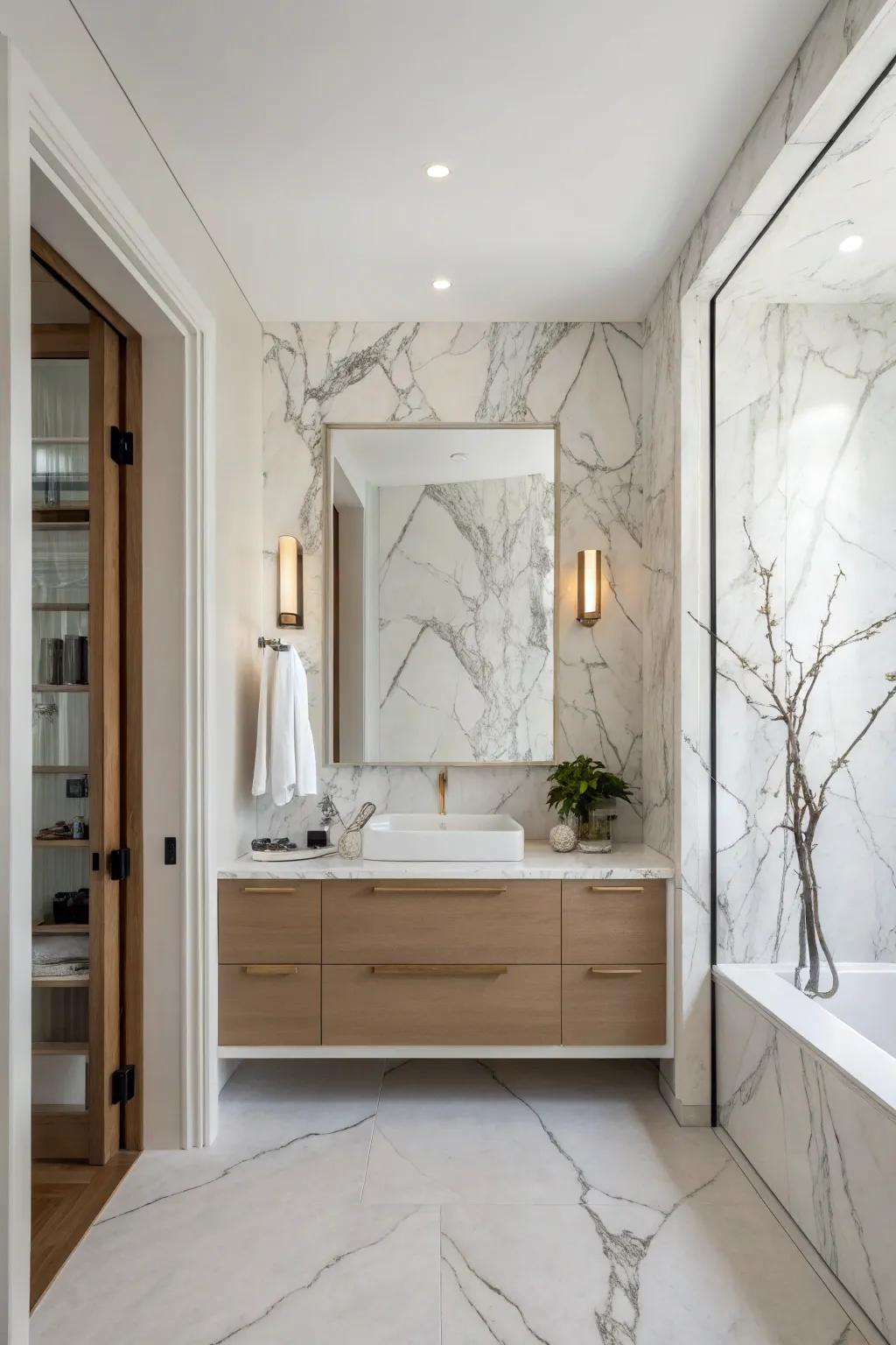 A bathroom featuring a stunning Luminous Argento marble accent wall, creating a luxurious focal point.