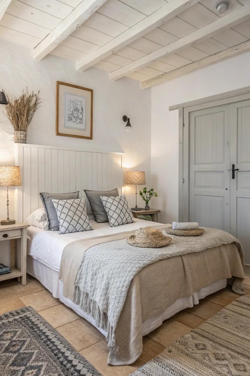 A bedroom design using a soothing neutral color palette with white walls, beige bedding, and delicate gray details.