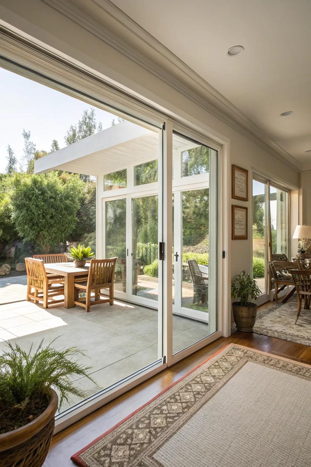 Glass paned doors in a California room create access to a sun-drenched patio.