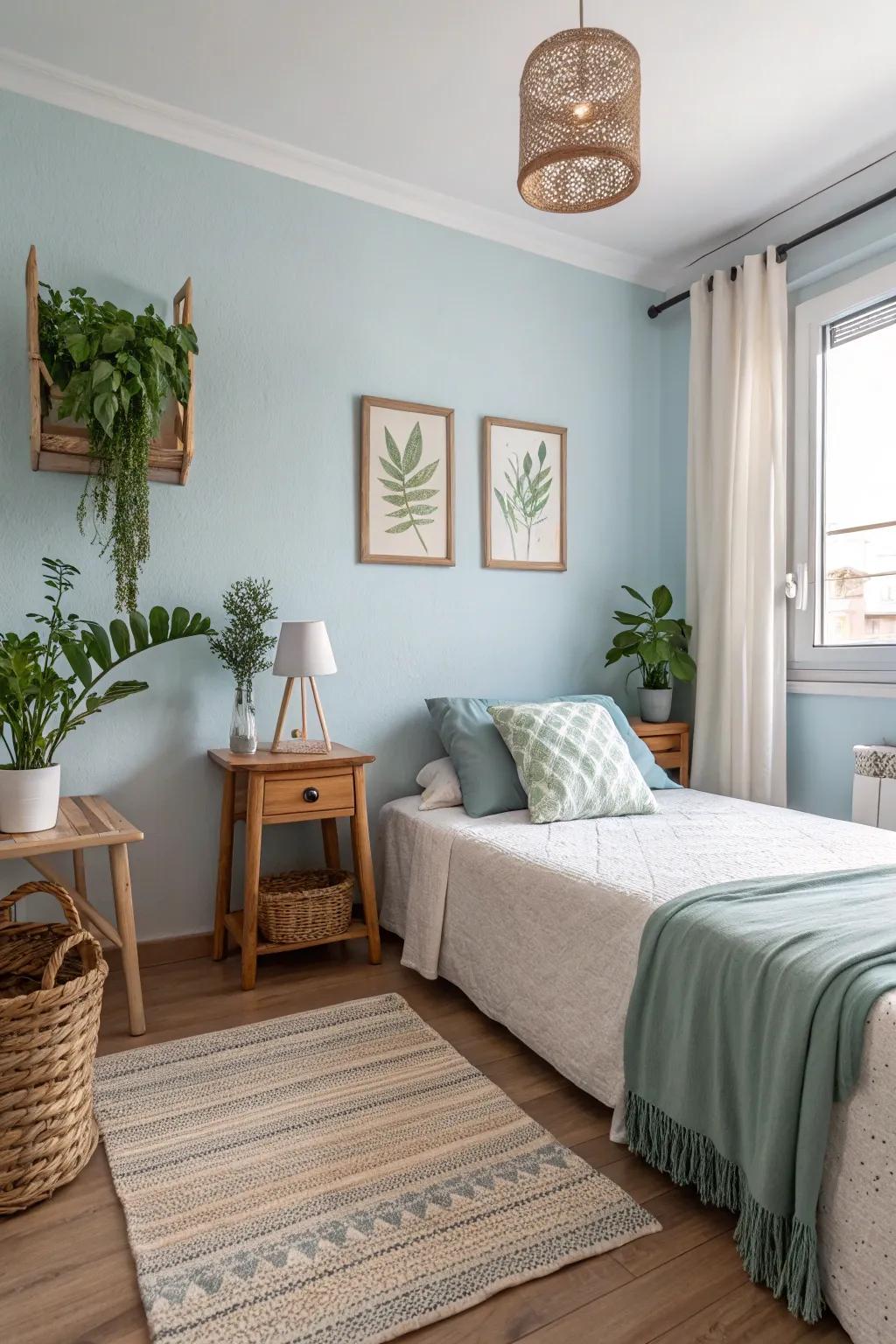 Light blue walls contribute to a peaceful vibe in the bedroom.