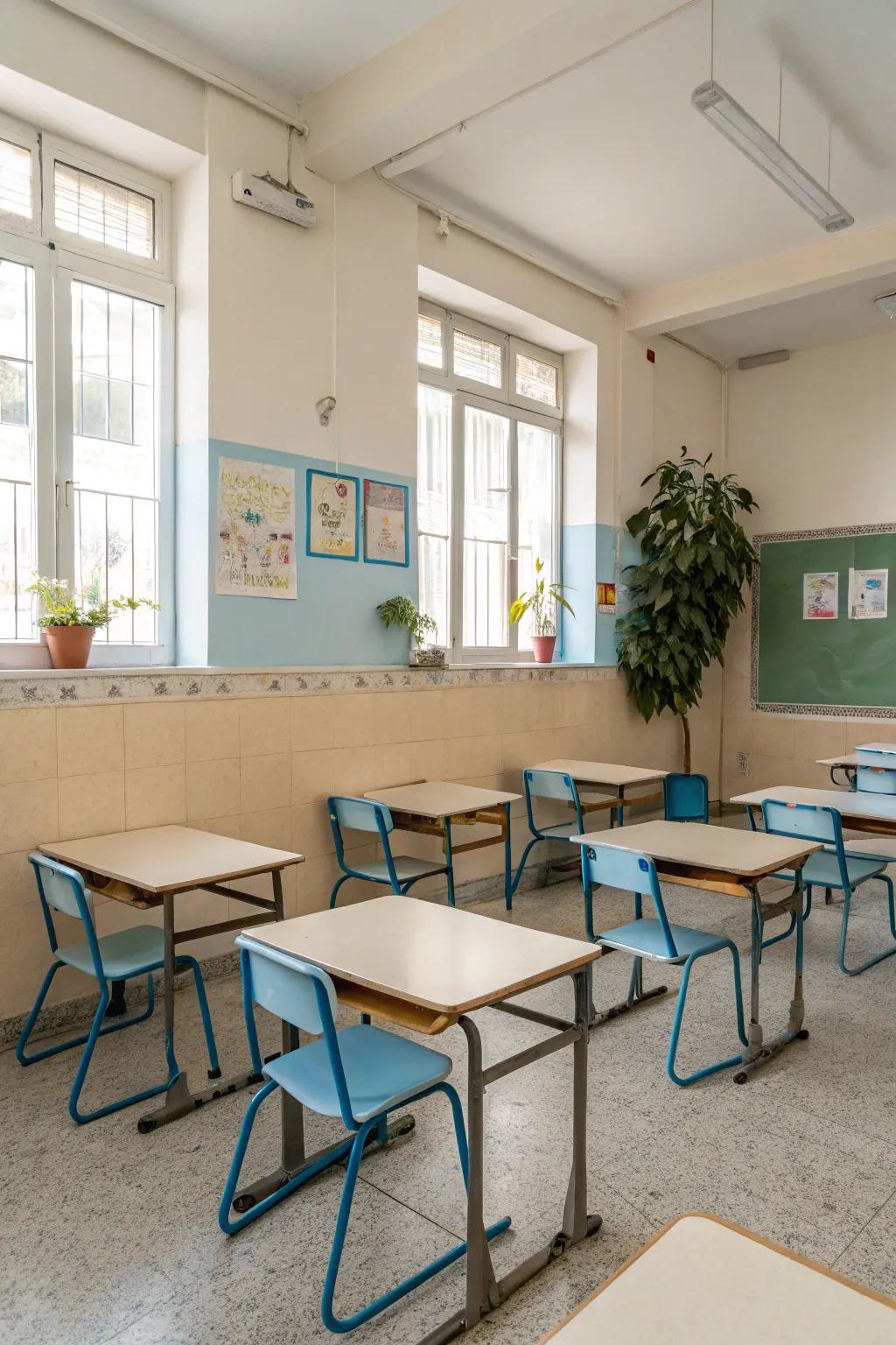 A classroom draped in soft, neutral colors, designed to encourage tranquility.