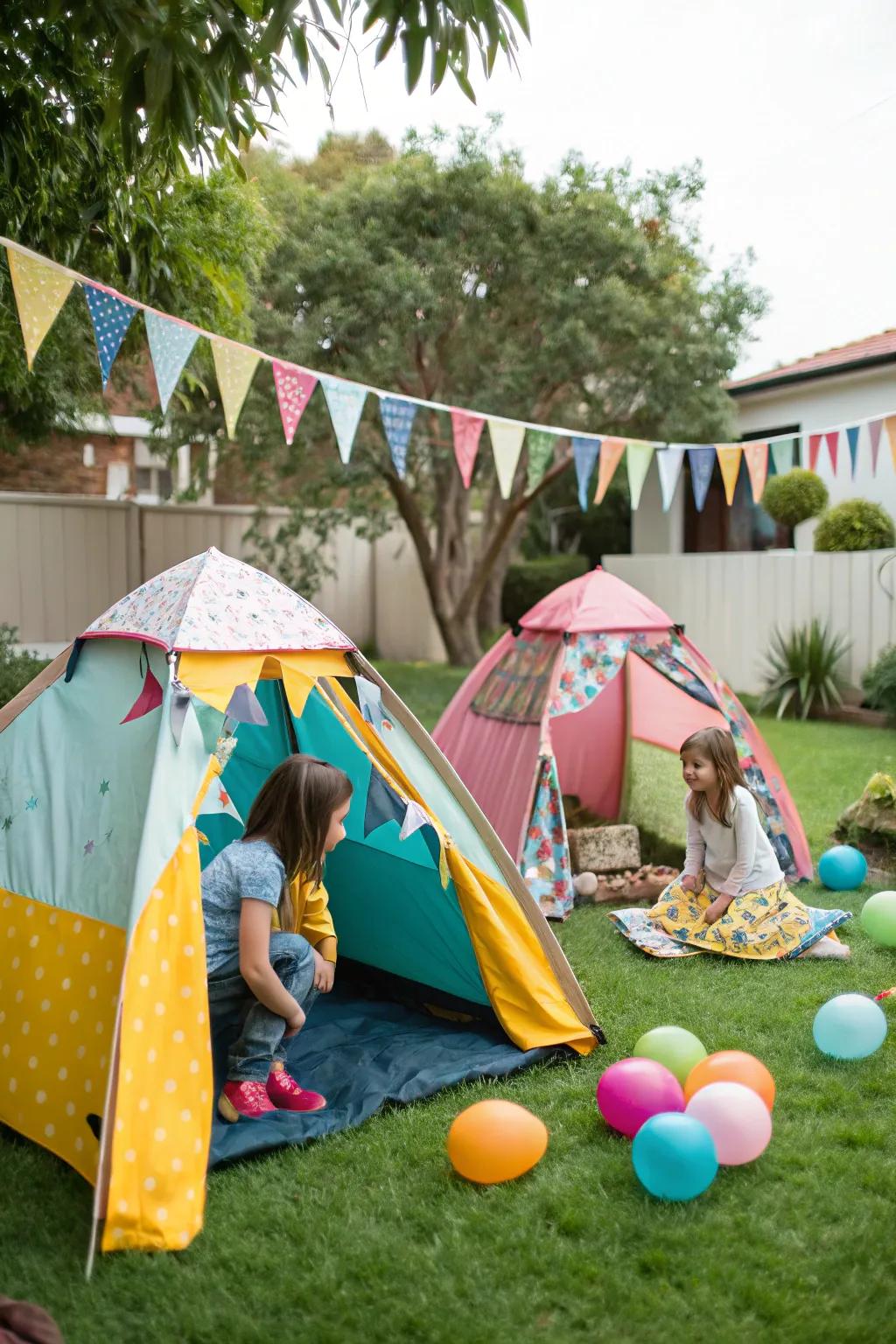 Charming tiny tents add delight and exhilaration to the camping birthday ambiance.