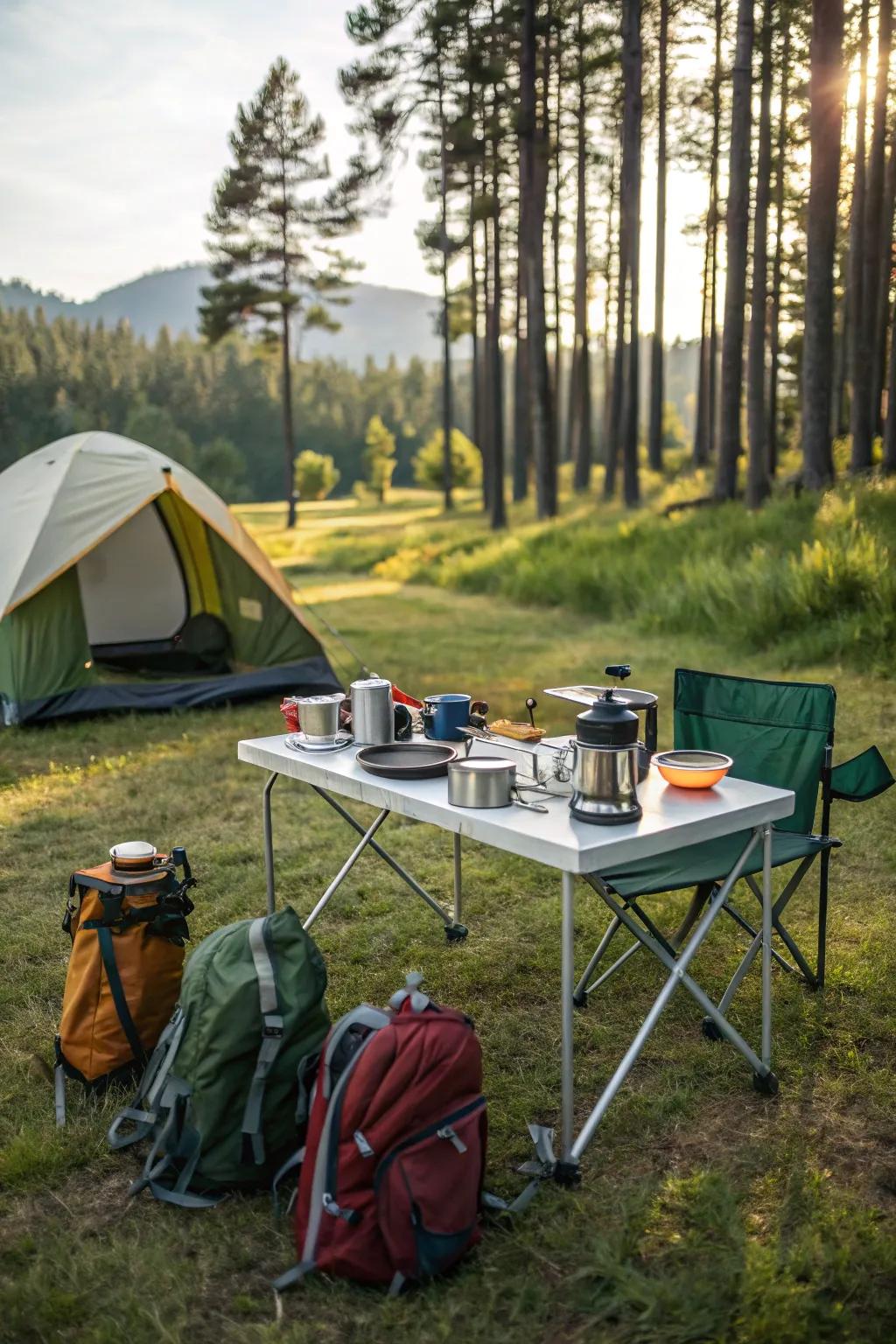 A foldable table all set for cooking adventures outdoors.