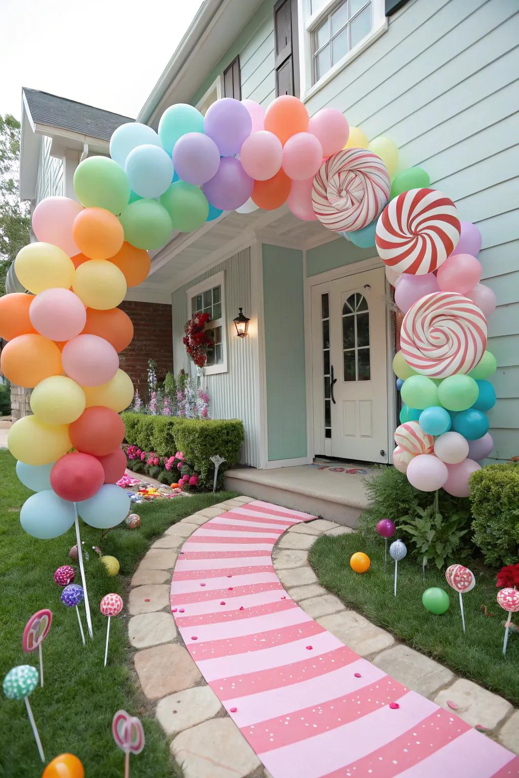 A vivid, candy-inspired balloon arch warmly greets guests with a sugary embrace.