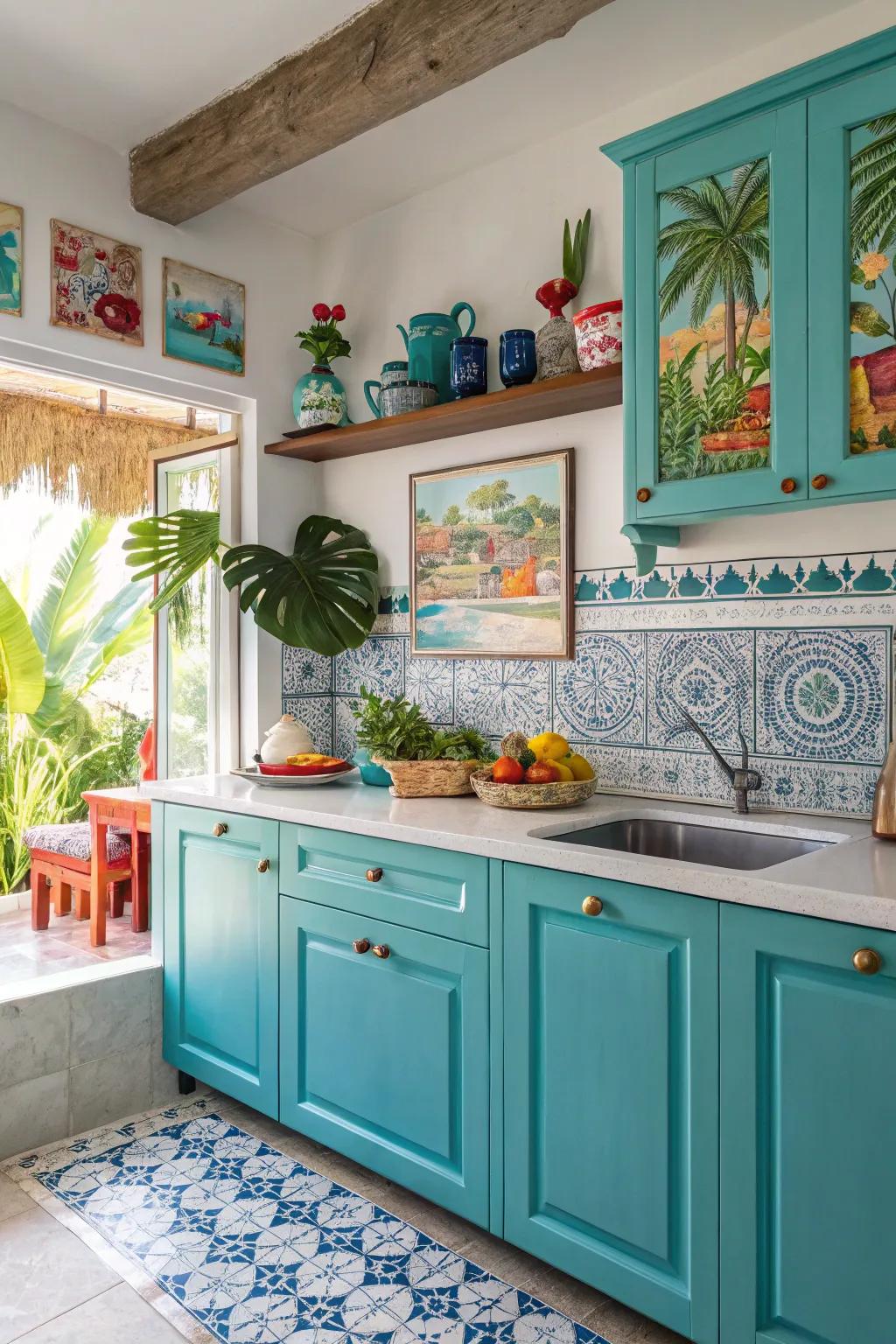 Turquoise cabinets evoke the Caribbean sea in your kitchen.