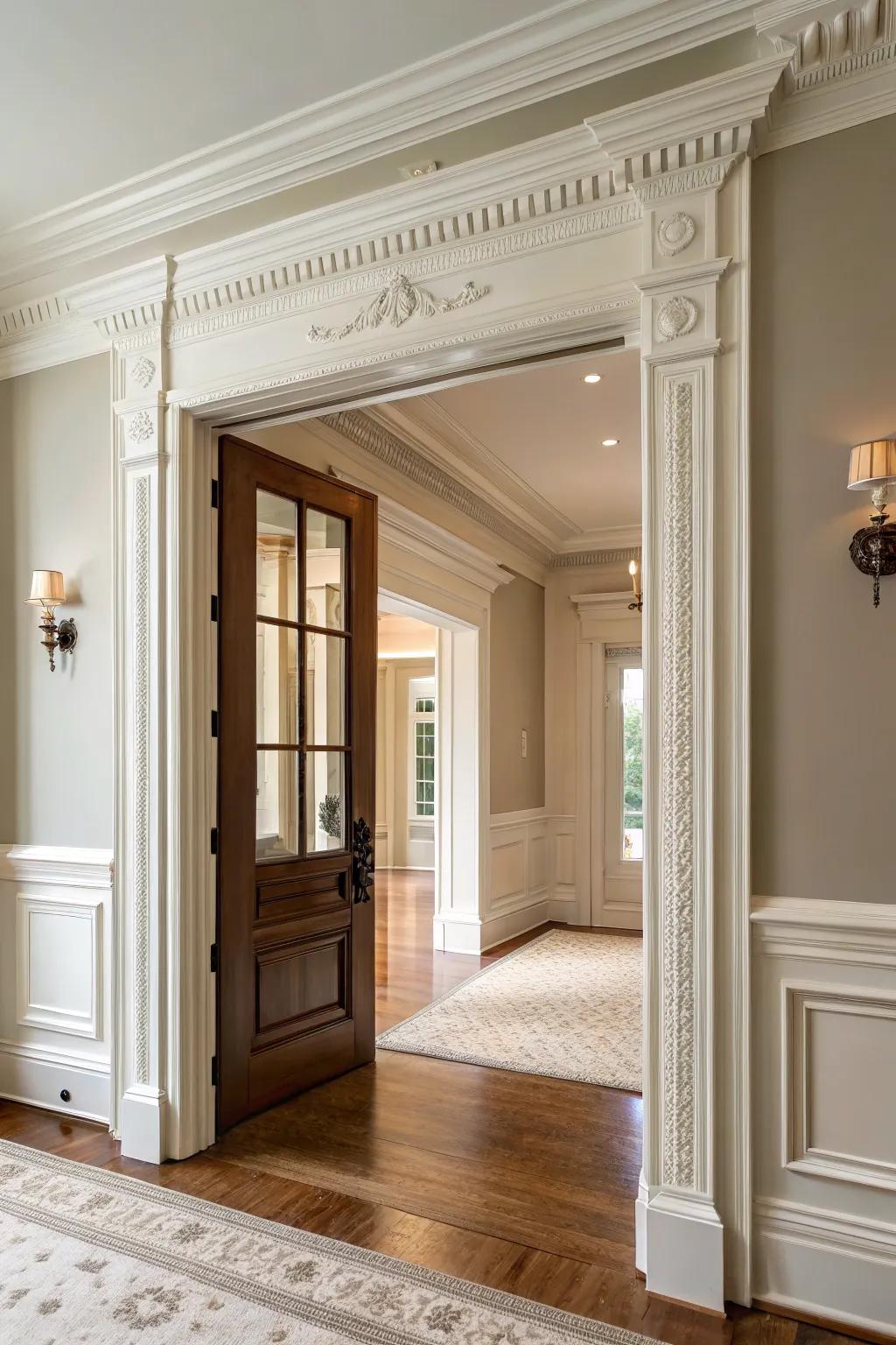 Refined cornice detailing imparts lasting grace to door frames.