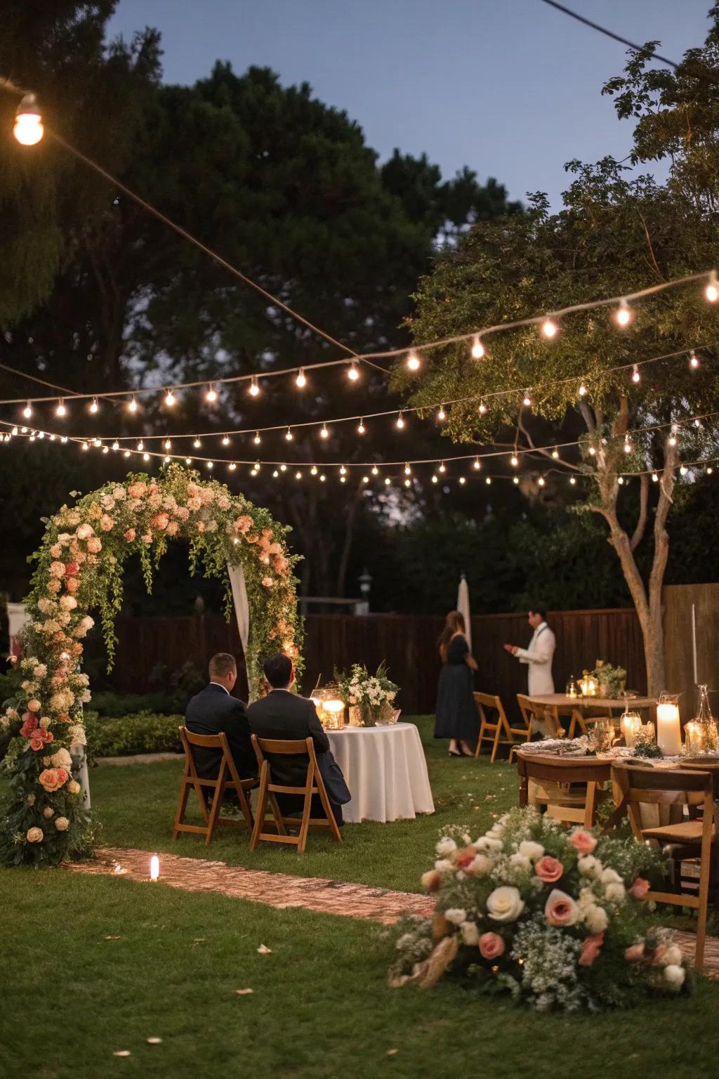 Sparkling fairy lights conjure an enchanting atmosphere for a backyard wedding.