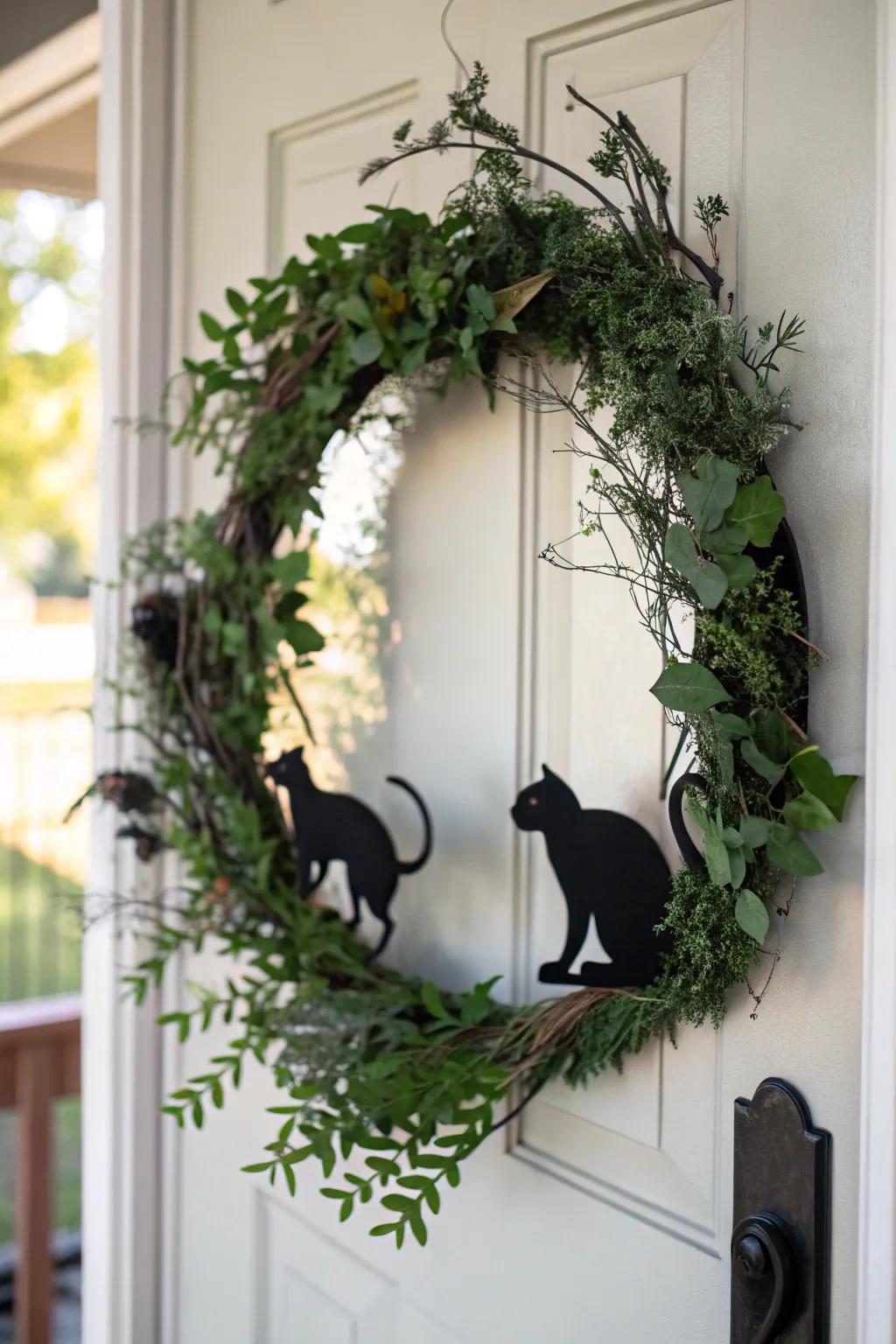 An enchantingly spooky shadowy feline wreath.