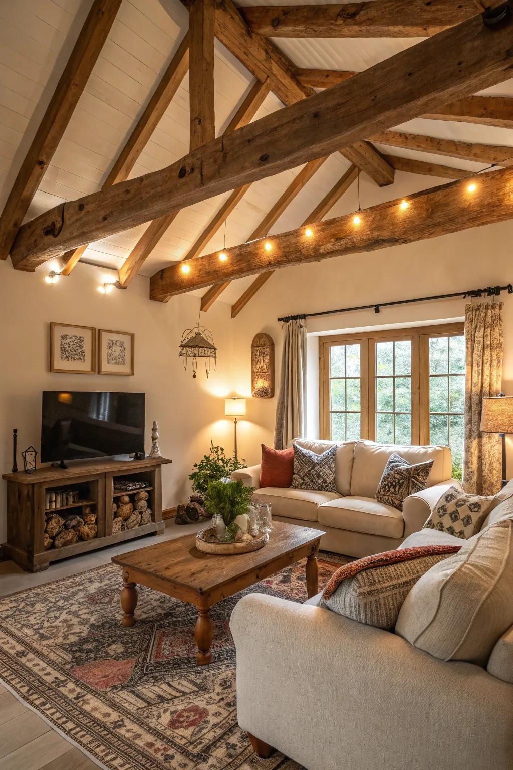 The rustic charm is fully embraced with the inclusion of exposed wooden beams within this welcoming area.
