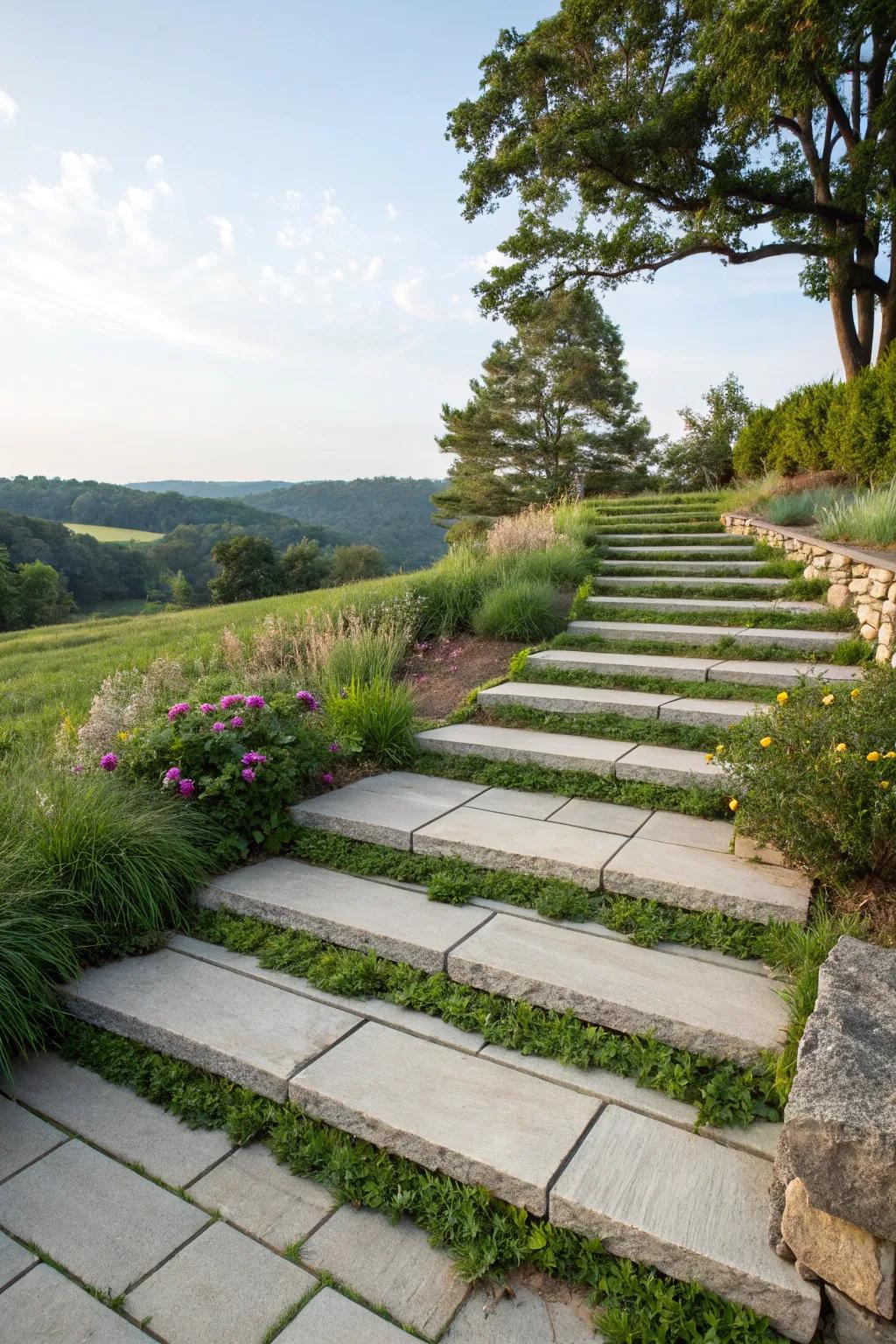 A seamless fusion of concrete steps and verdant grass for a natural aesthetic.