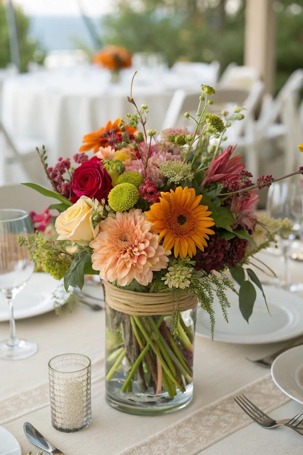 A vibrant gathering of seasonal flowers enhances any table's ambiance.