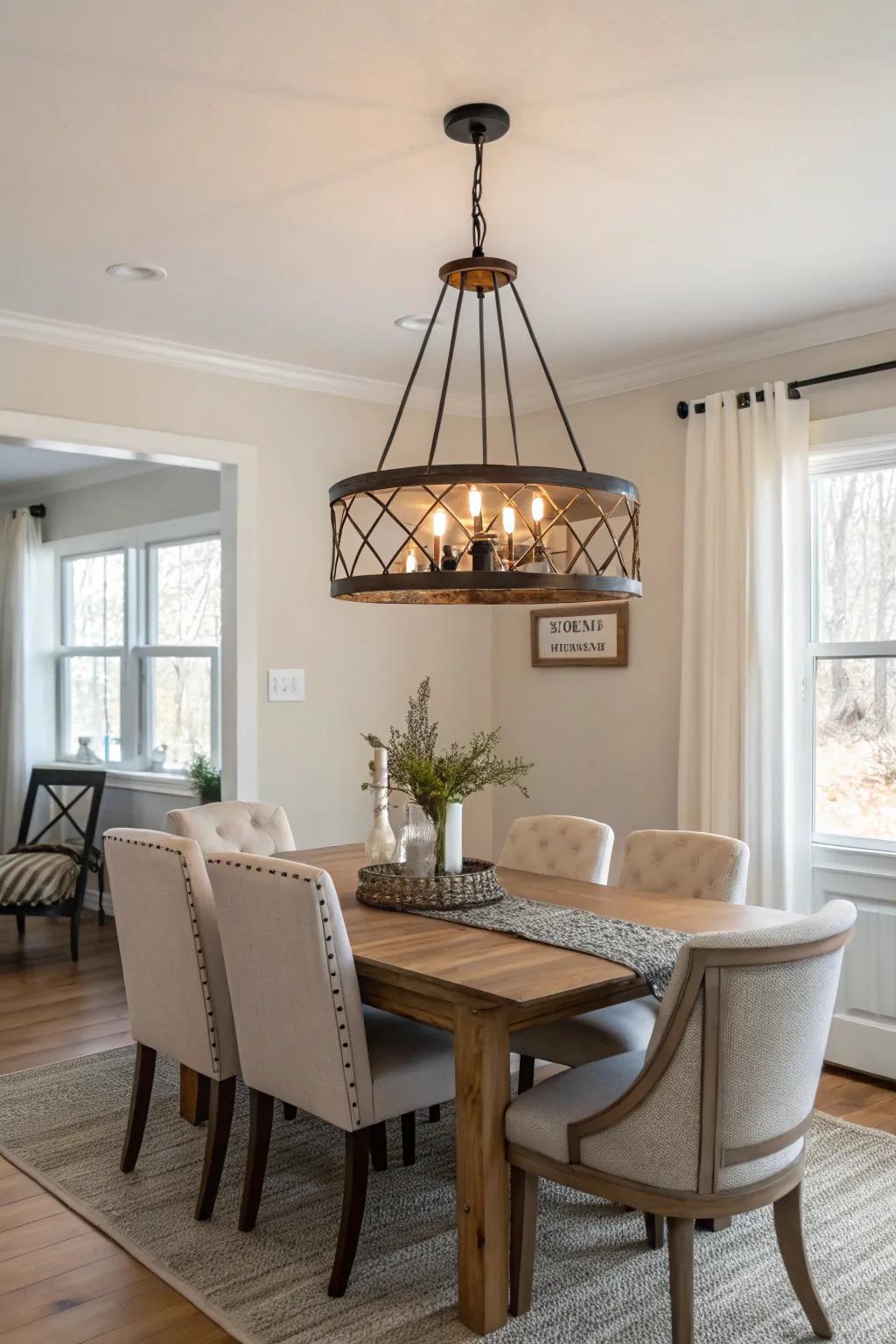 A semi-flush mount chandelier enhances a cozy dining room with its refined design.