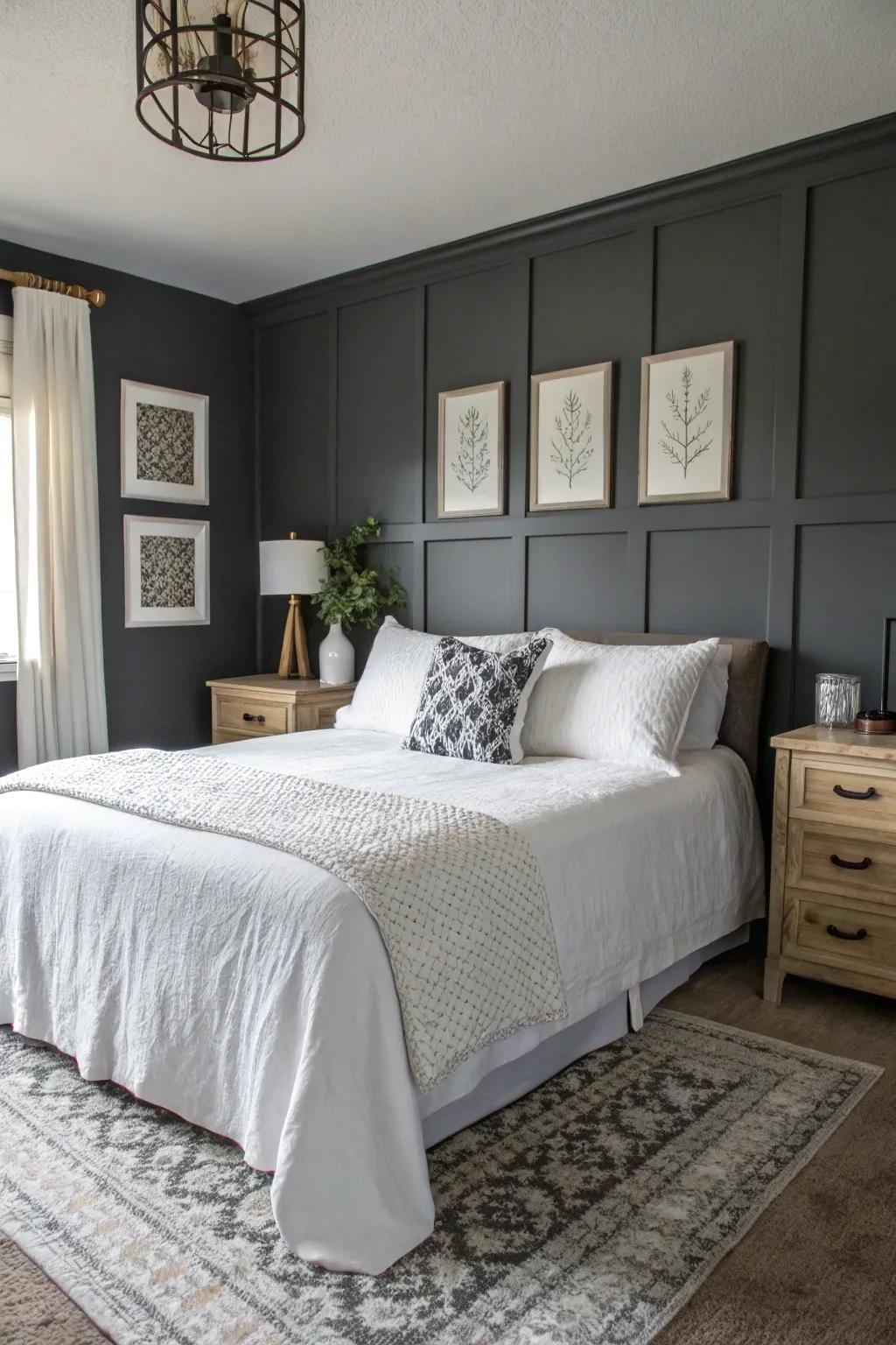 A timeless contrast: deep slate gray walls harmonized with pristine white elements.