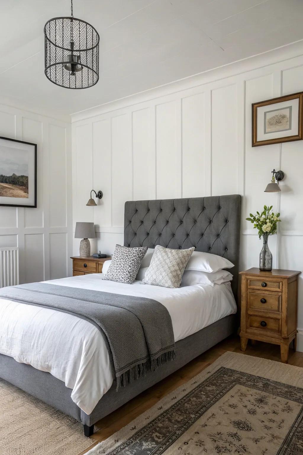 A charcoal grey headboard contrasts with pure white walls, creating a fresh, contemporary ambiance.