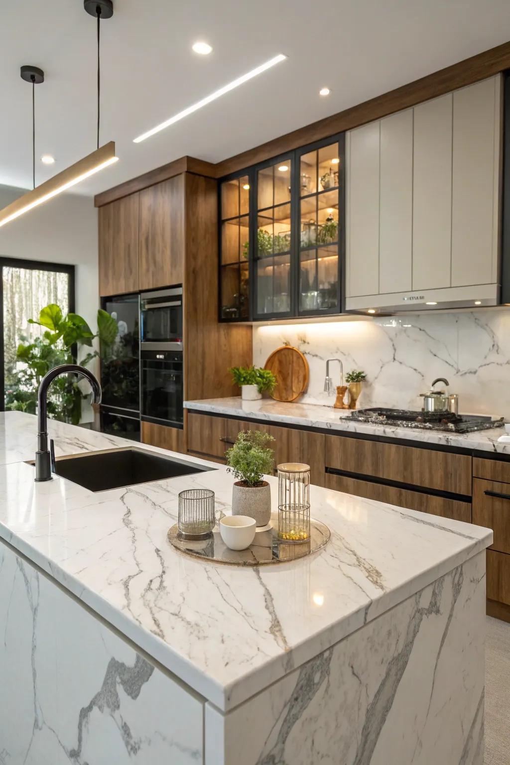 A fashionable kitchen featuring laminate countertops that resemble marble.