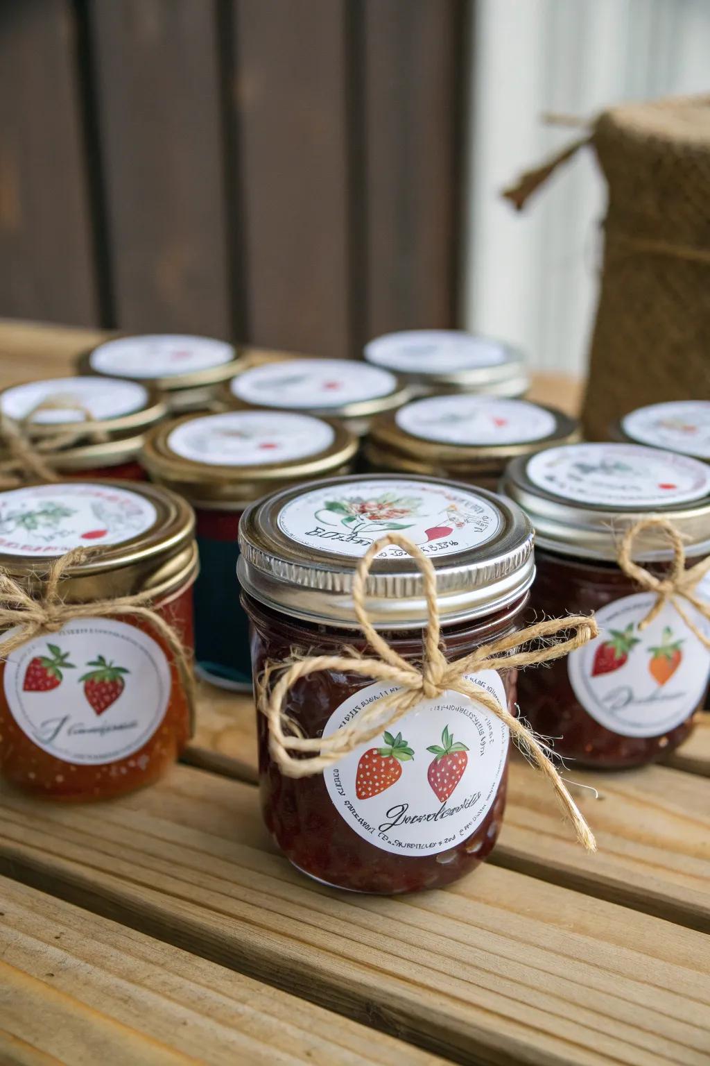 Delightful containers filled with preserves create heartfelt wedding presents.