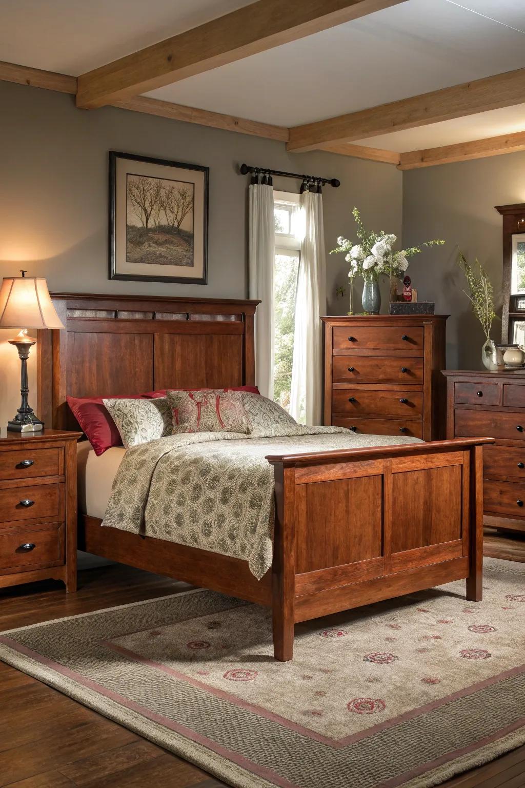 Mahogany furnishings are spotlighted by gentle lighting, accentuating their rich tonality.