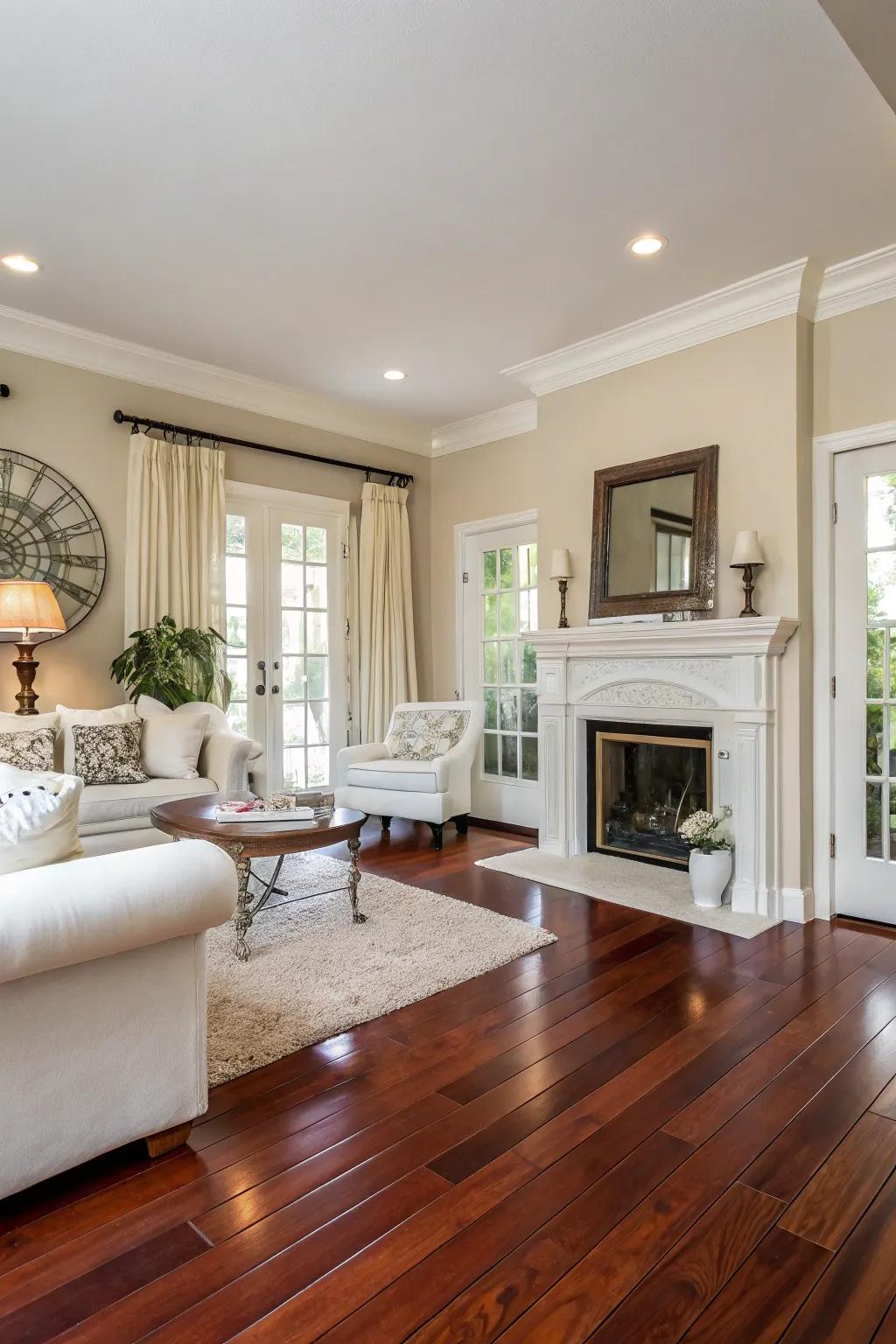 Harmonizing pale-colored walls with deep red oak floors to craft a balanced visual effect.