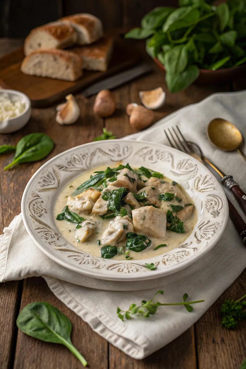 Velvety garlic chicken with spinach, a bowl of comfort and warmth.