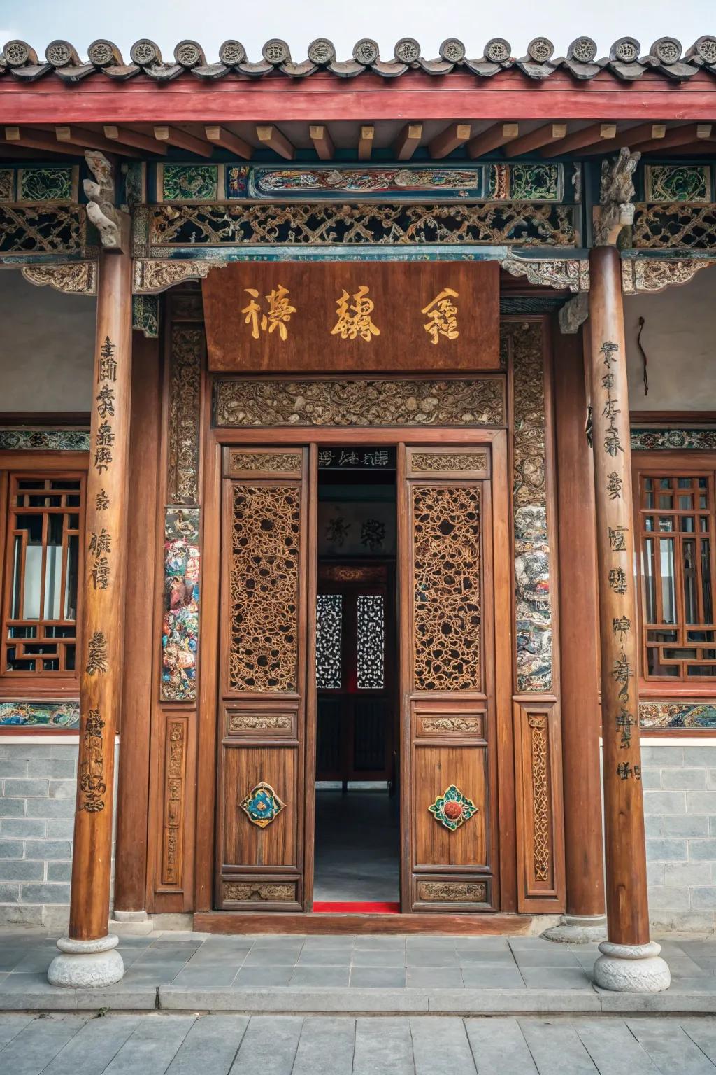 A sophisticated wood entranceway highlighted with complex Asian carvings.