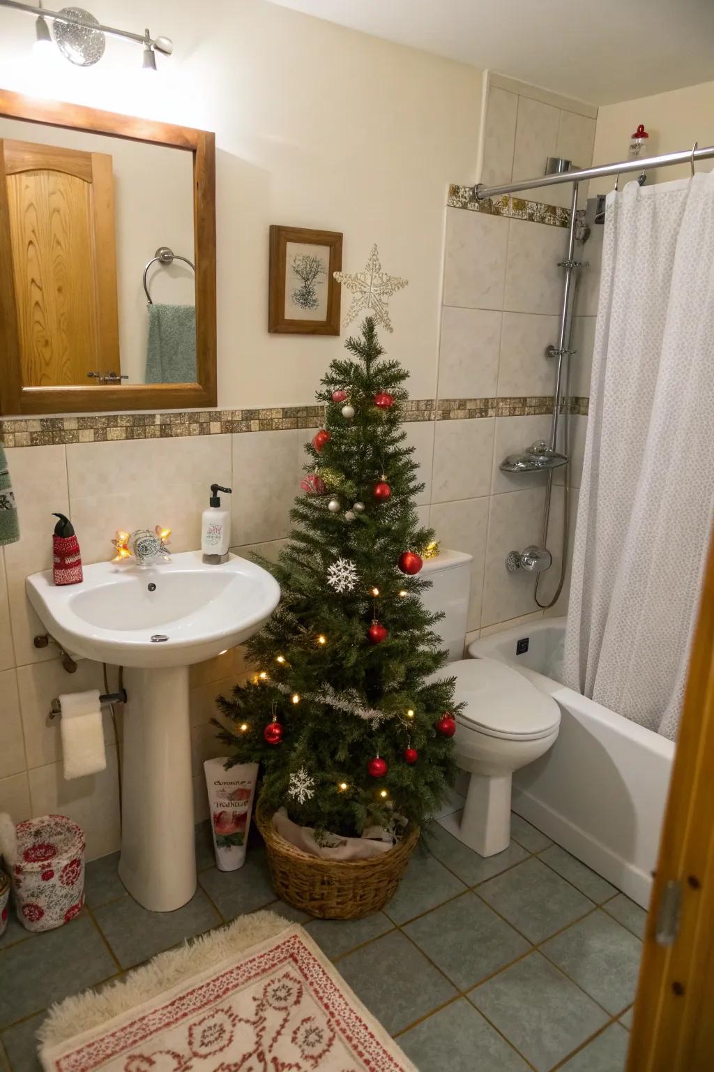 A mini Christmas tree adds charm to a cozy bathroom.