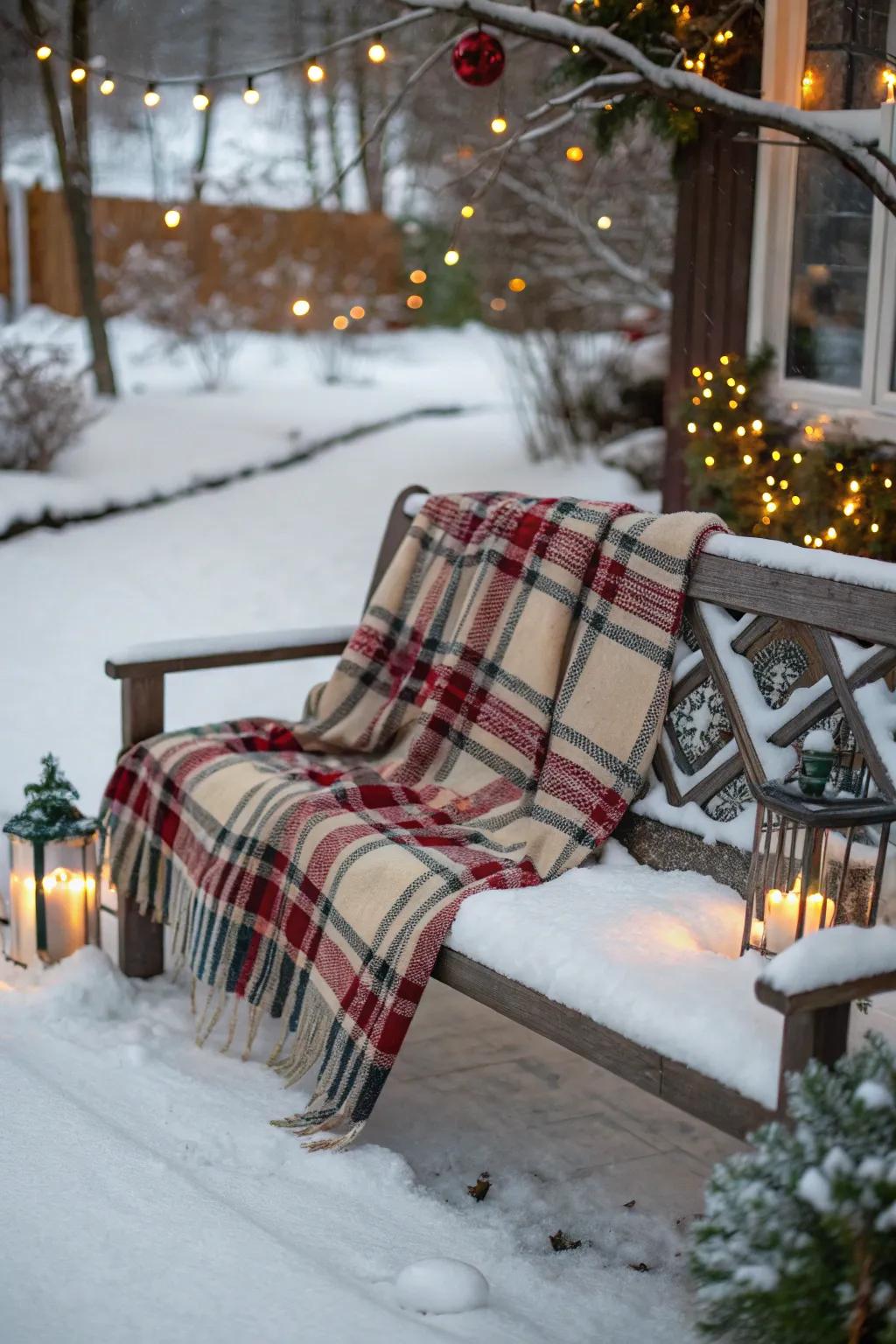 A checkerboard throw on a bench creates an inviting and toasty holiday atmosphere.