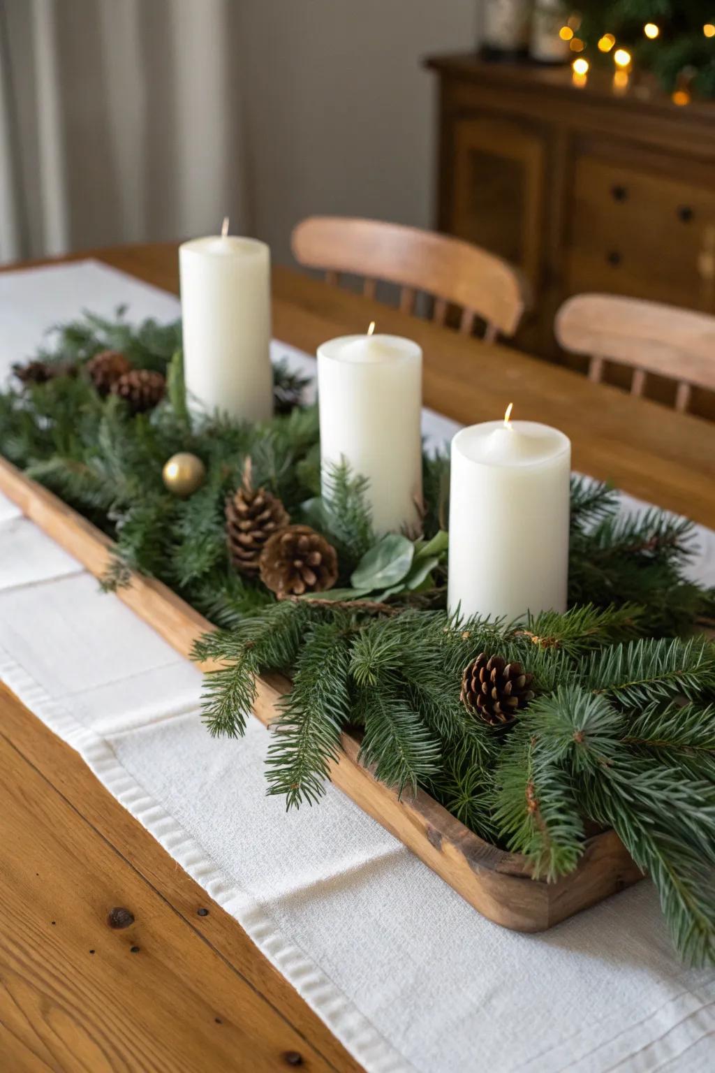 A candlelit pine haven centerpiece infuses warmth and the essence of nature into your home.