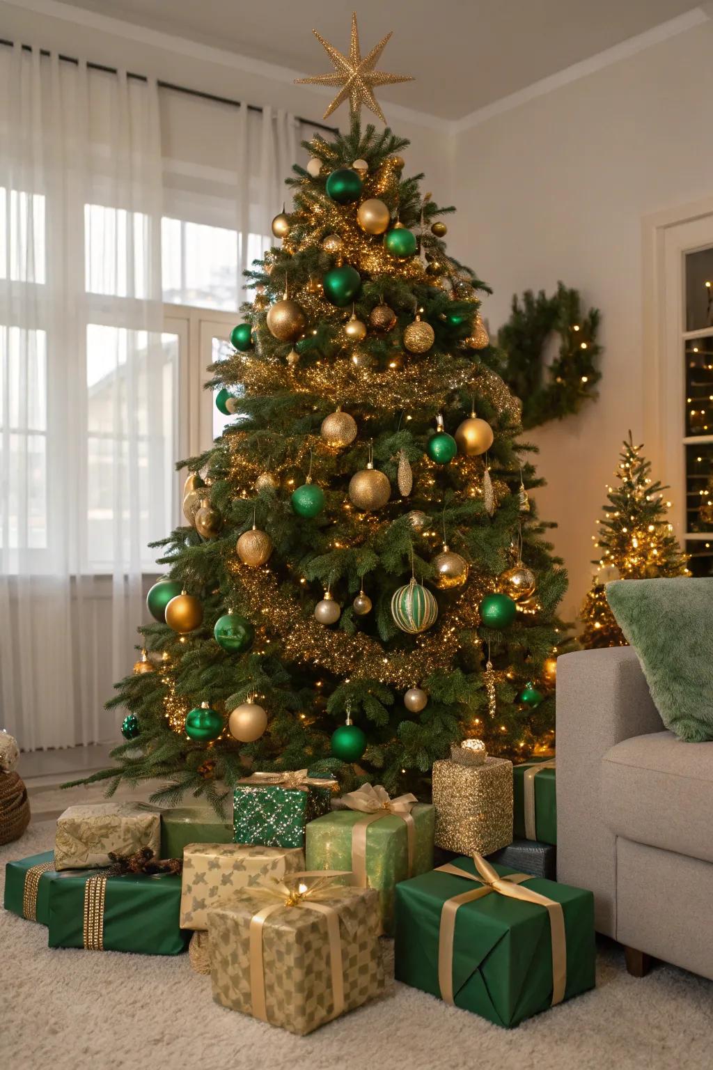 A Christmas tree with silver and blue decorations, perfect for the holidays.