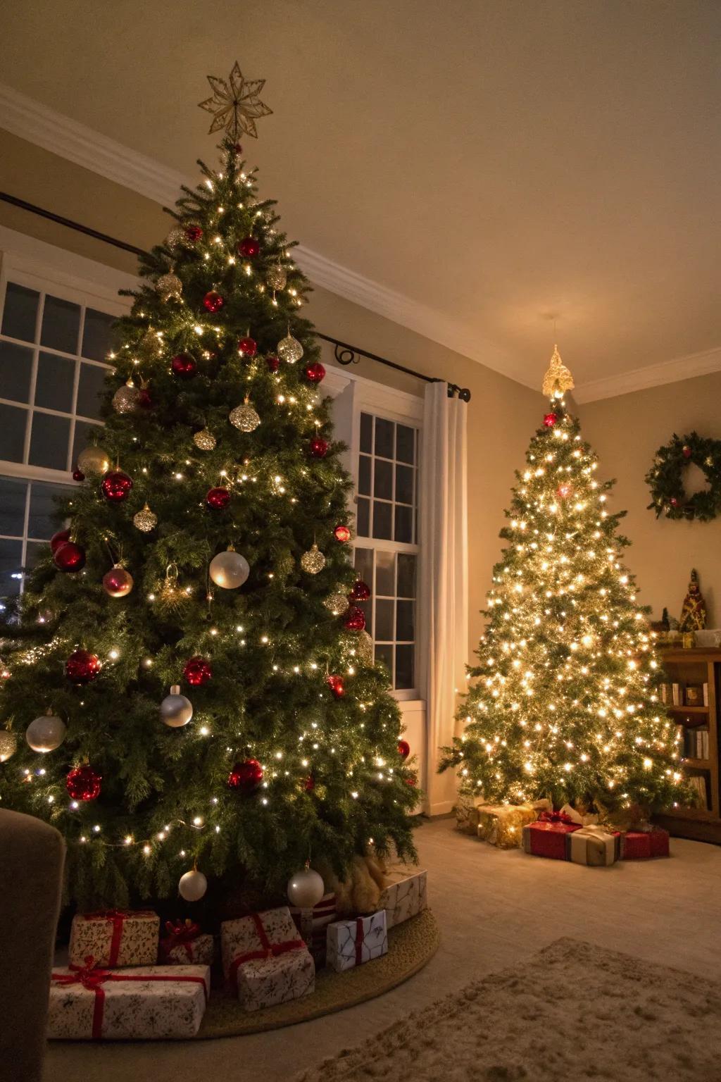 Twin Christmas trees give your home a unique holiday charm.