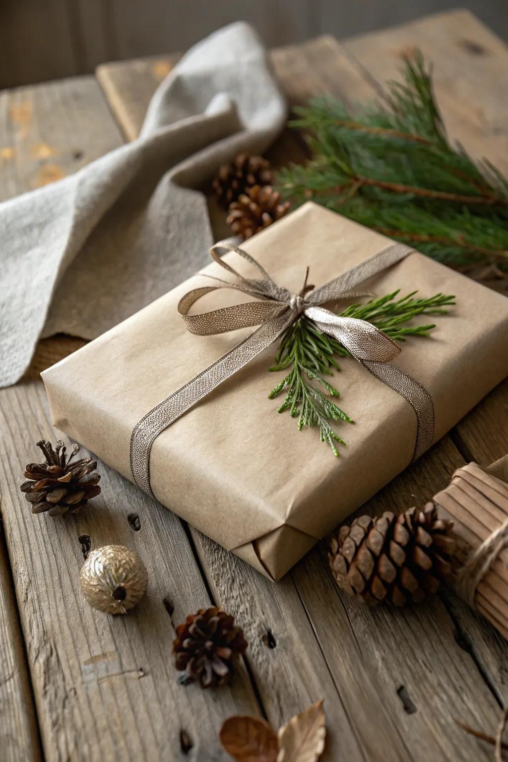 An elegantly wrapped gift, swathed in brown paper, accentuated with a satin ribbon and a touch of evergreen.