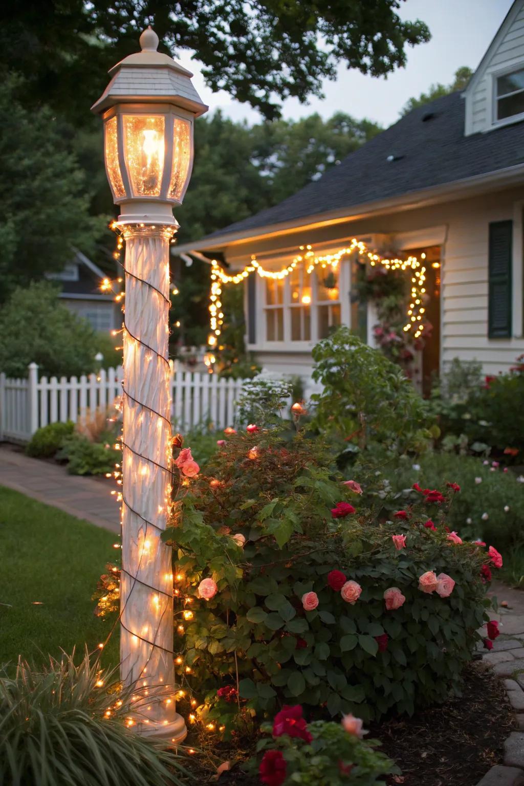 A lamp post radiates holiday cheer, embraced by luminous Christmas lights.