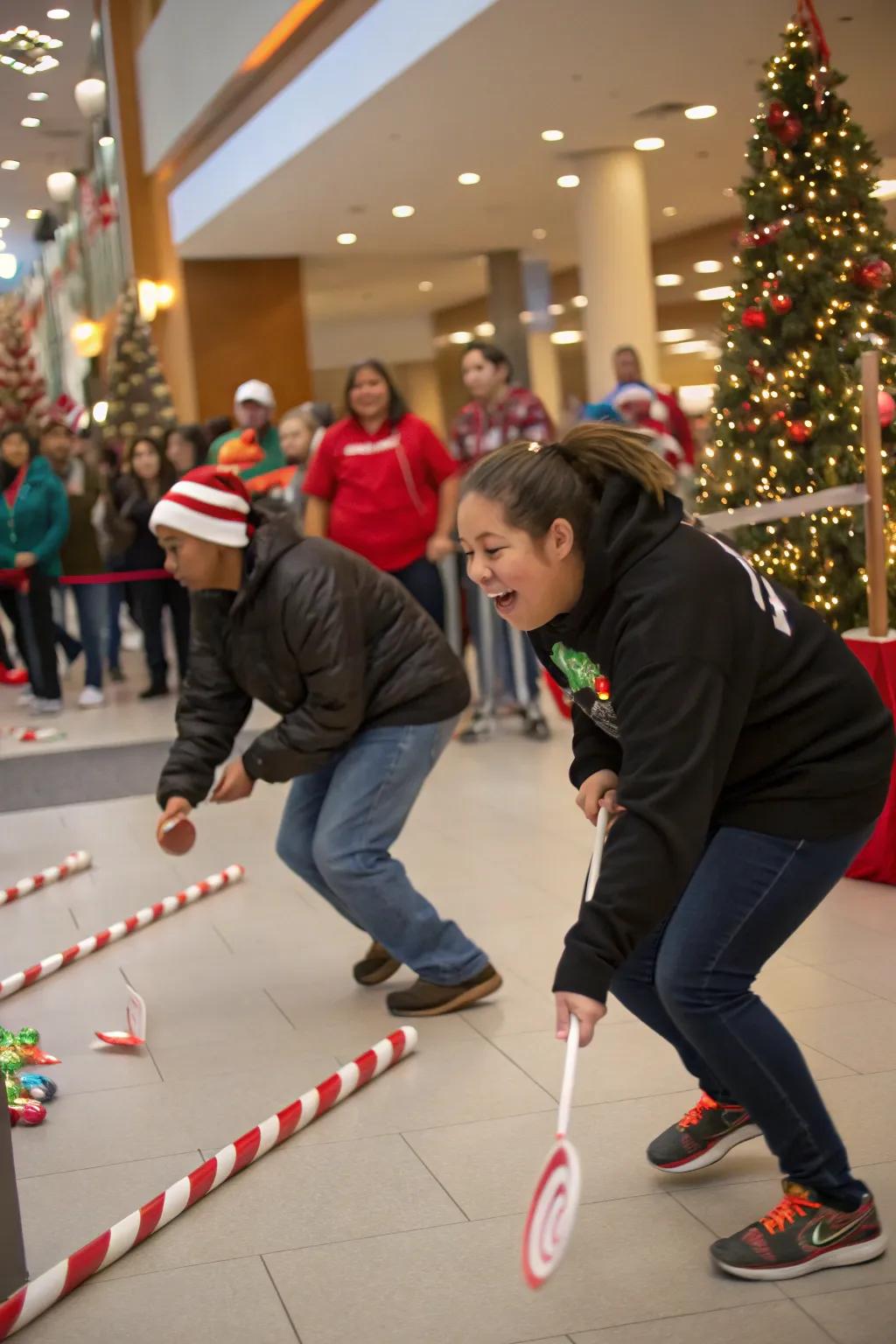 Participants immersed in a peppermint sprint, showcasing incredible balance and festive enjoyment.