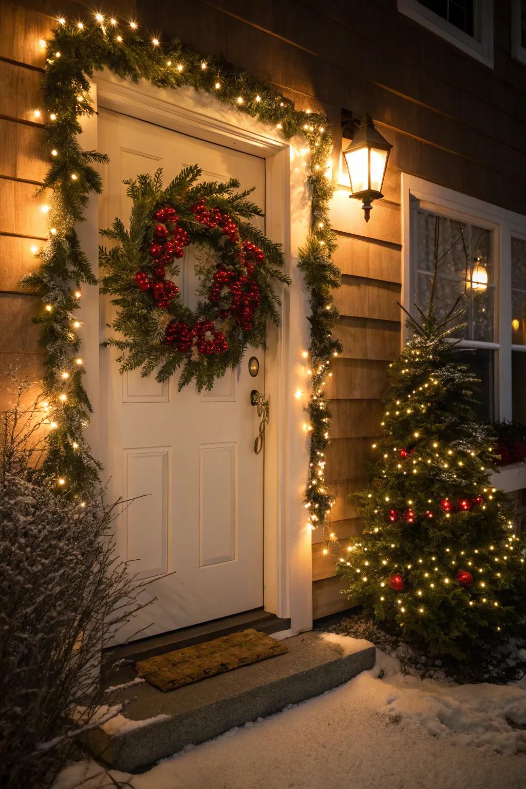 A beautiful entryway with a festive wreath evokes a magical evening.