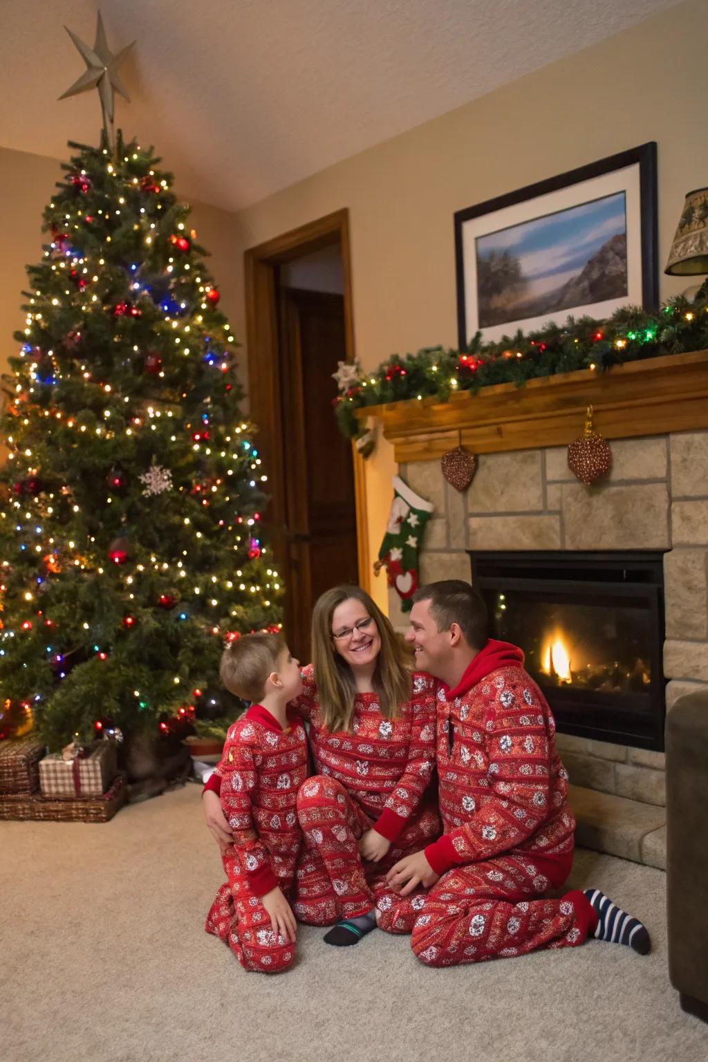 A family reveling in a festive sleepwear party by the Christmas tree.