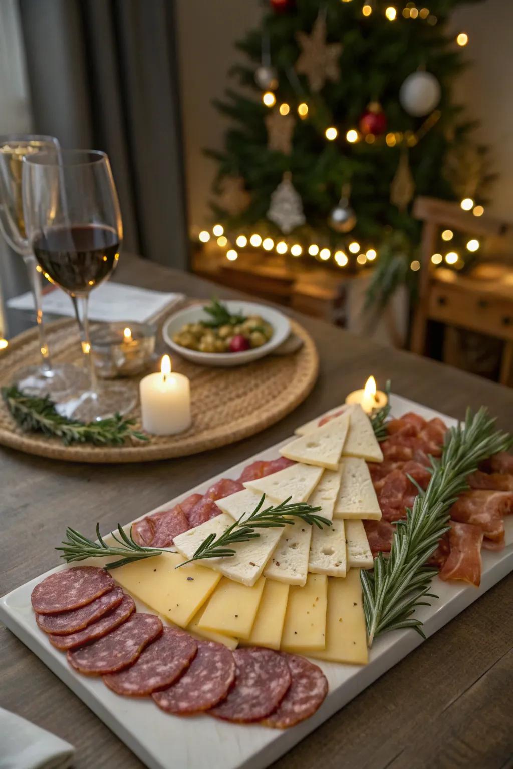 A festive Christmas tree charcuterie platter adorned with cheeses and meats.